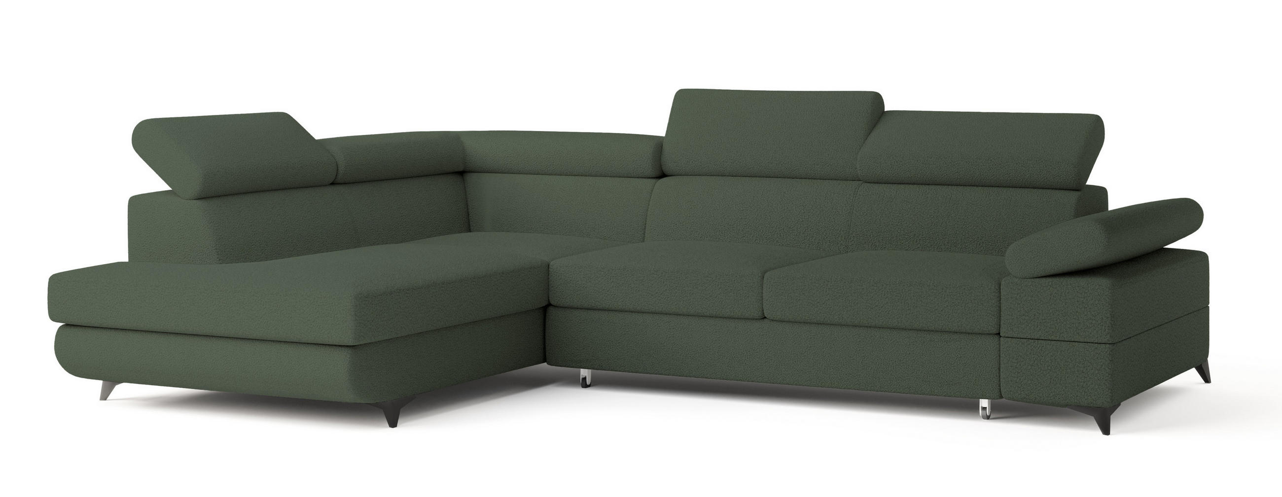 ECKSOFA FAVIEN L-S Grün Boucle-Stoff mit Schlaffunktion - Grün, Holz (257/190cm) - MASSENO