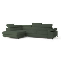 ECKSOFA FAVIEN L-S Grün Boucle-Stoff mit Schlaffunktion - Grün, Holz (257/190cm) - MASSENO