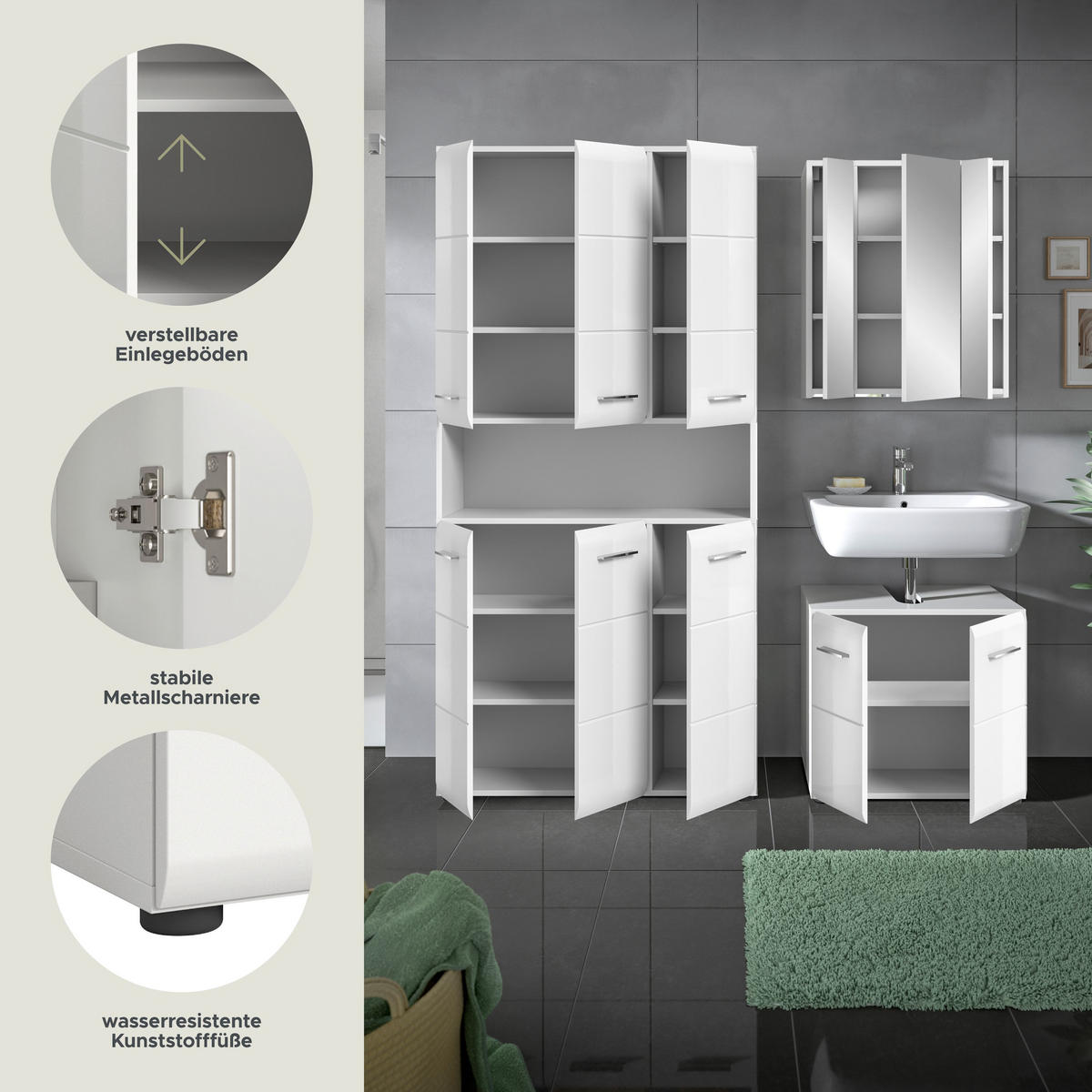 BADKOMBINATION 3 tlg. Ice Bad in weiß Nachbildung und weiß hochglanz B/H/T: 165x185x30 cm - Weiß, Holz (165/185/30cm)