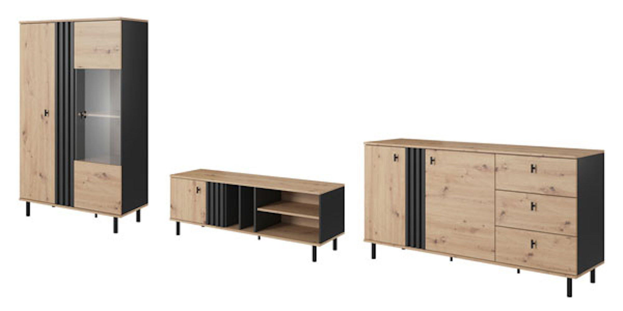 WOHNZIMMER-SET Madis sand grange eiche / anthrazit 3-teilig - Braun, Holz/Holzwerkstoff (393.3/148.8/40cm) - Feldmann-Wohnen