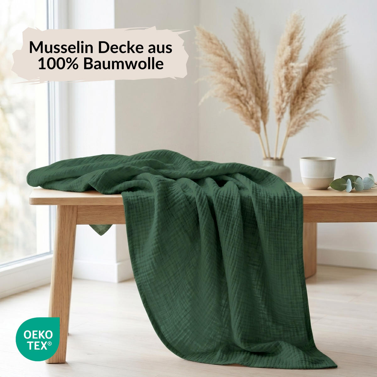 WOHNDECKE Musselin 150 x 200 cm, Leichte Kuscheldecke aus 100% Baumwolle - Nutzbar als Tagesdecke, Plaid oder Decke für Sofa, Couch & Bett - Grün - Grün, Textil (150/200cm) - Carpe Sonno