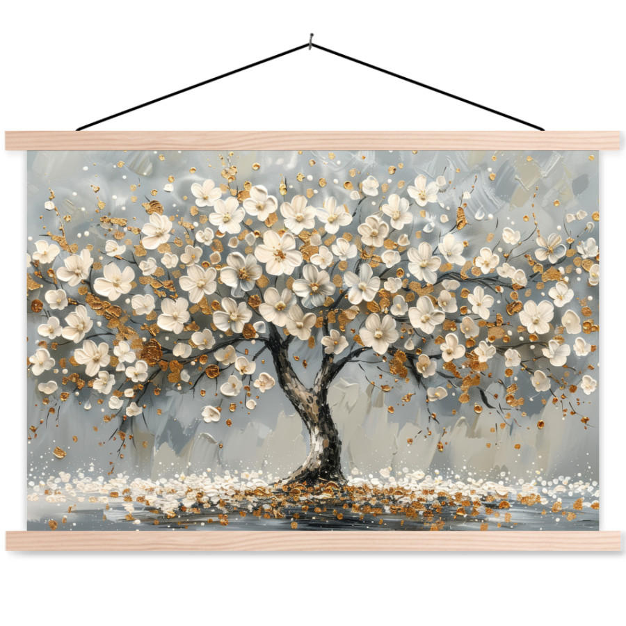 MuchoWow PLAKÁT S MAGNETICKOU LIŠTOU Strom - Květiny - Bílá - Příroda - Umění 90x60 cm