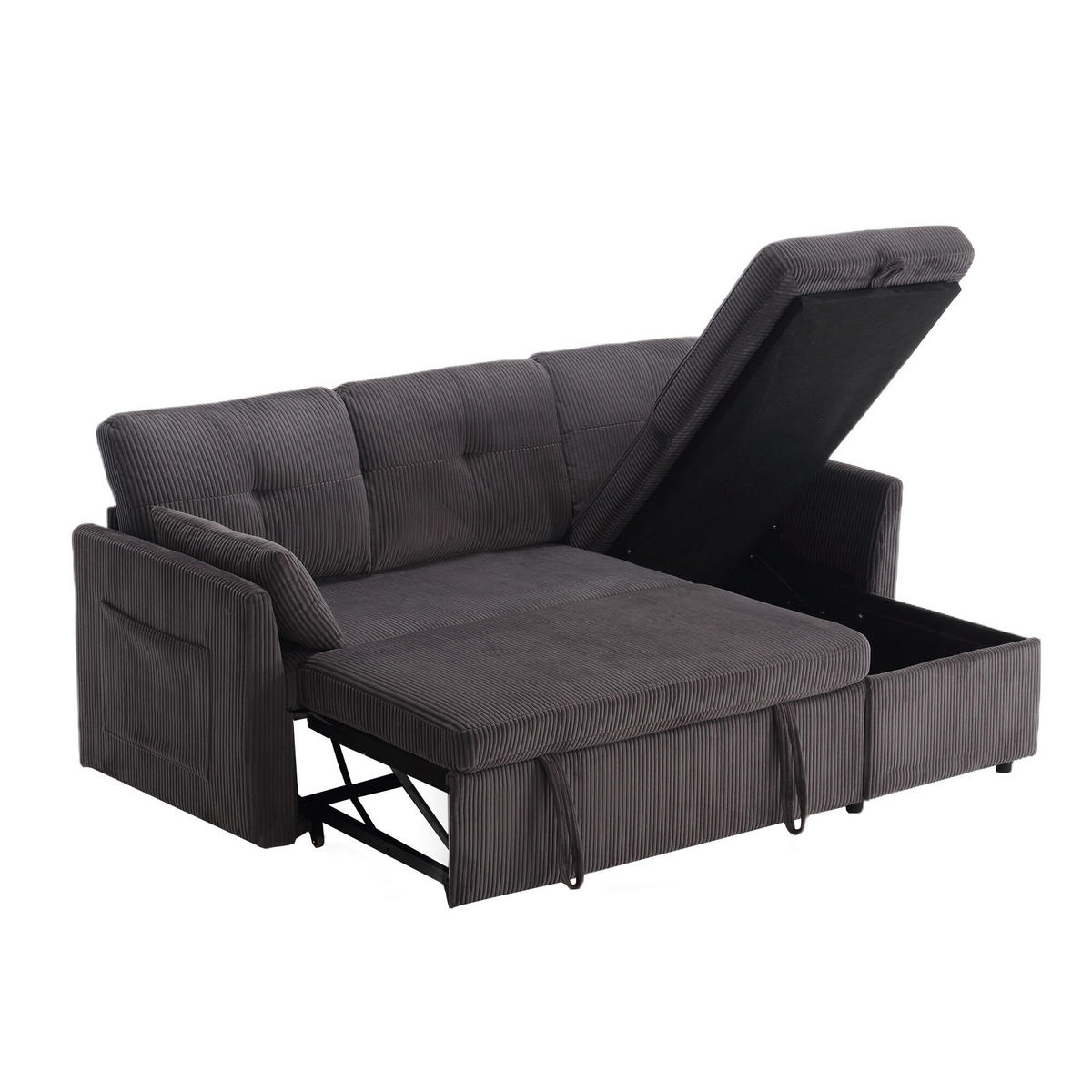 ECKSCHLAFSOFA Cord Dunkelgrau mit Stauraum, Schlaffunktion und Kissen - Dunkelgrau, Holzwerkstoff/Textil (206/108cm) - WISHDOR