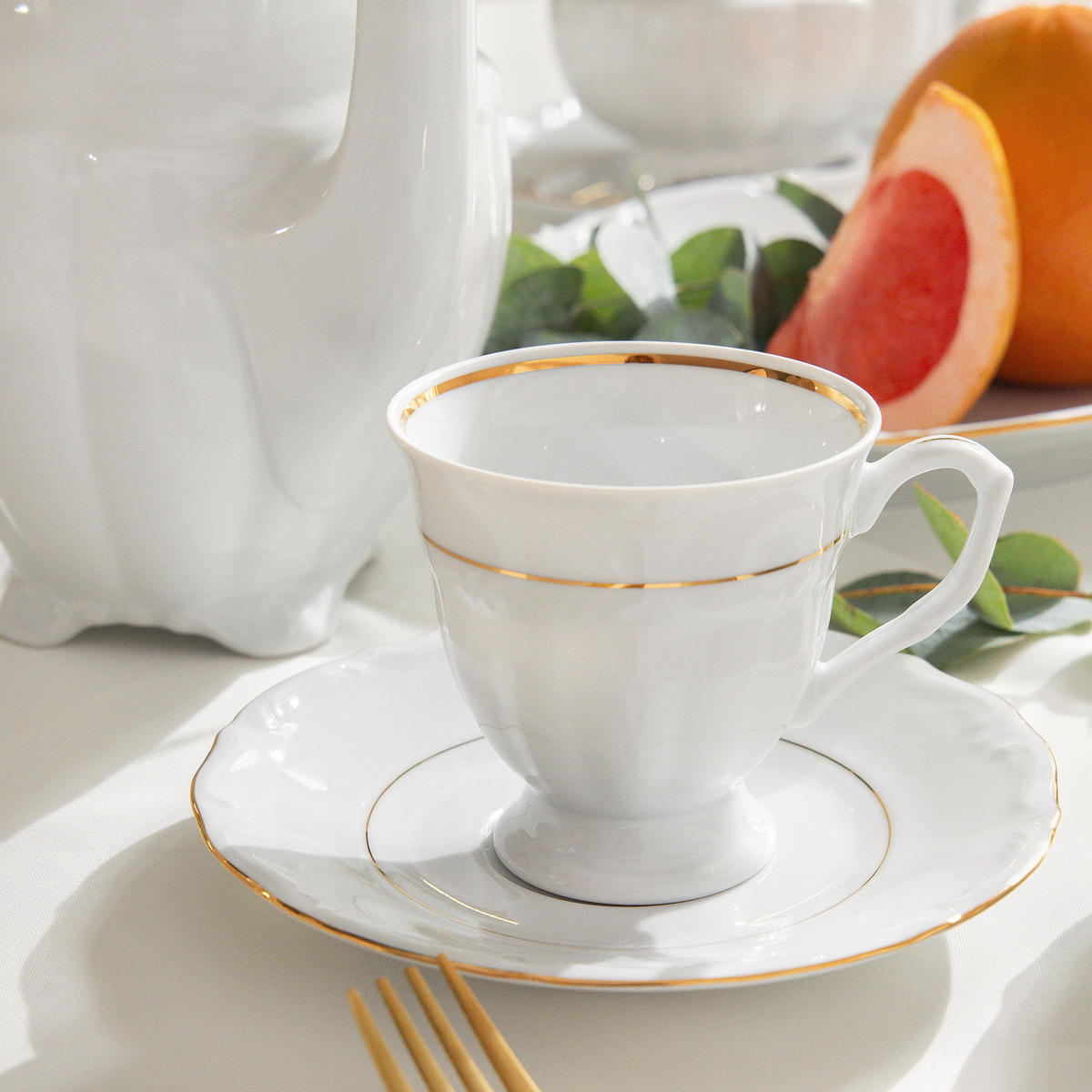 KAFFEESERVICE Chodziez MARIA TERESA 18-tlg Porzellan mit Goldrand, Weiß / Gold - Goldfarben/Weiß, Keramik (8/8/8cm) - KONSIMO®