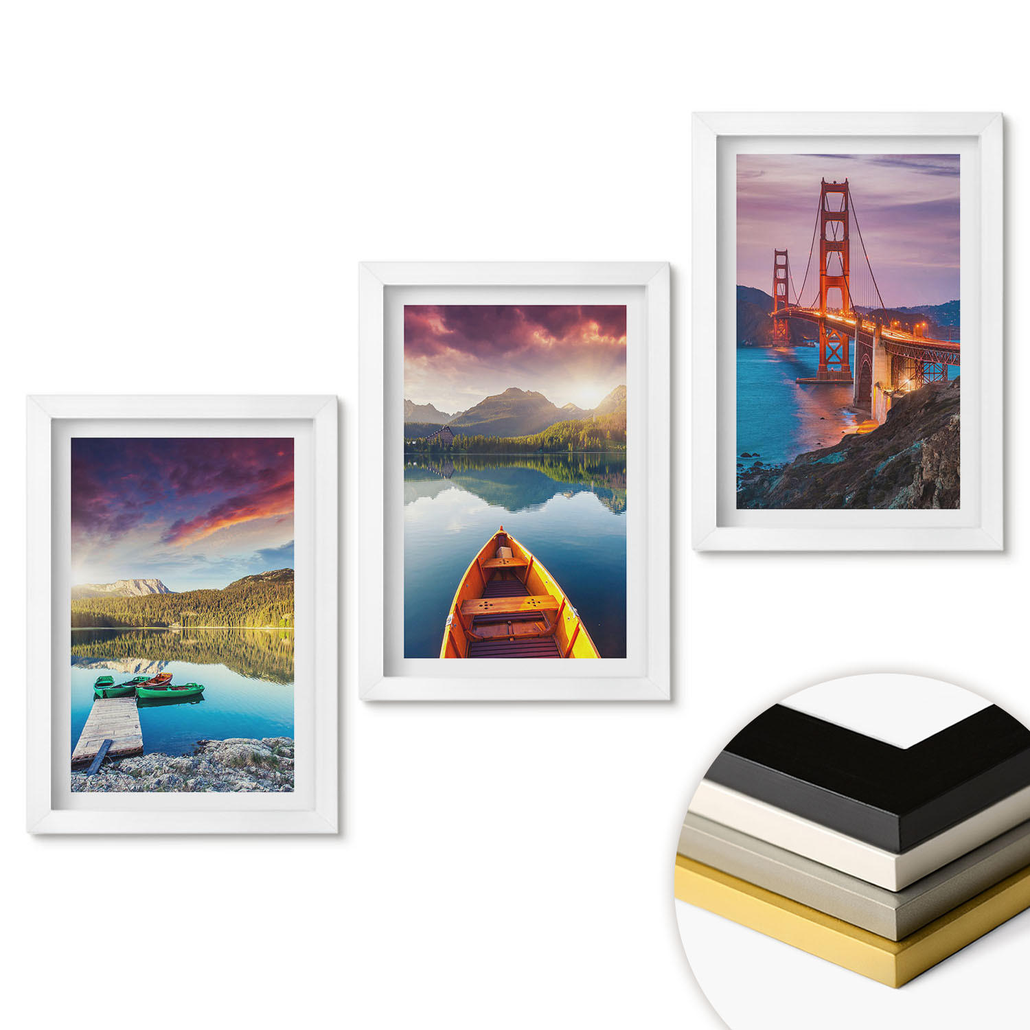 WANDBILDER 3er-Set - 20x30 cm Weißer Rahmen - Bergblick auf den See und die Brücken - Weiß, Kunststoff (20/30cm) - ArtPrintCave