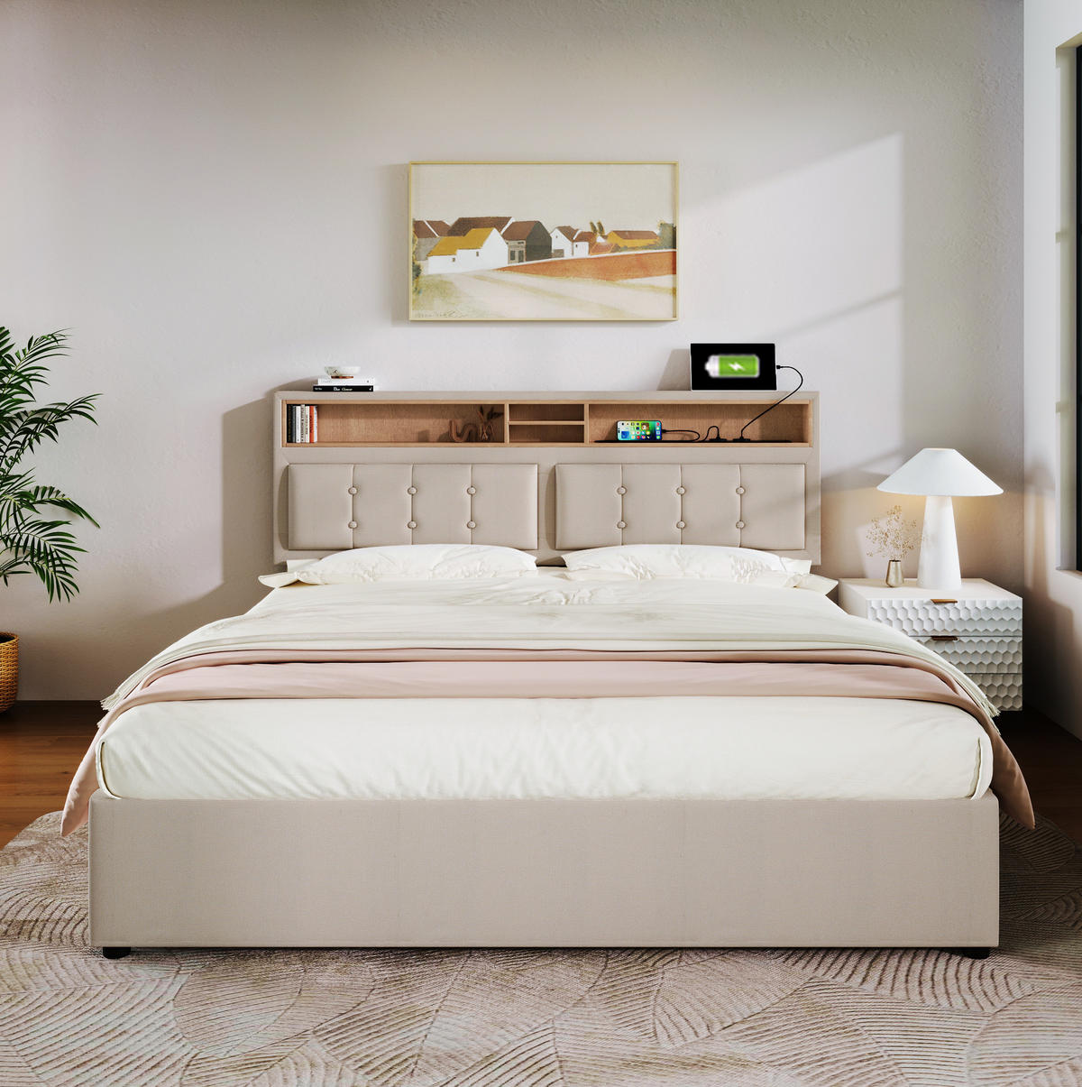 POLSTERBETT 140/200 cm Beige mit Stauraum und USB- und Type-C-Anschlüssen - Beige, Textil (140/200cm) - Flora Grace