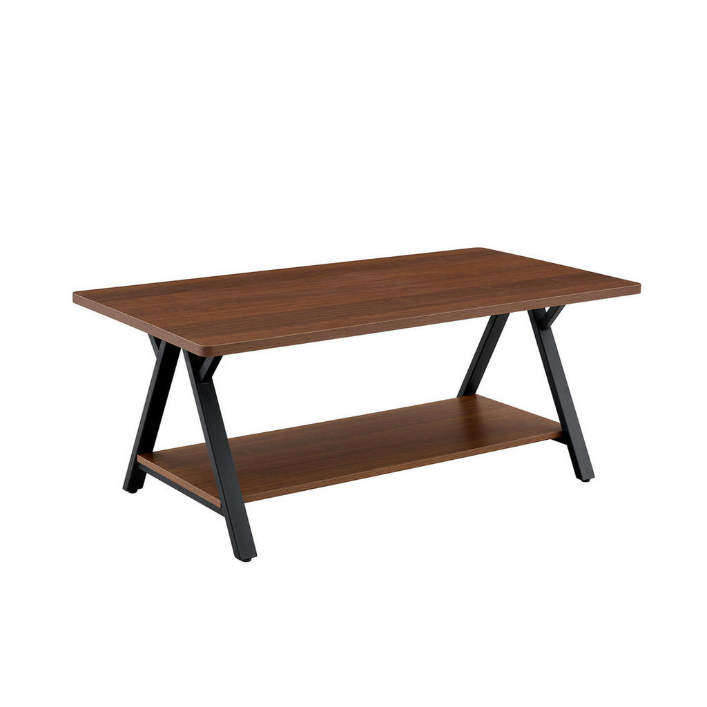 Modfu KONFERENČNÍ stolek z MDF 110x57x44,5 cm ořechová s černou kovovou konstrukcí a úložnou policí