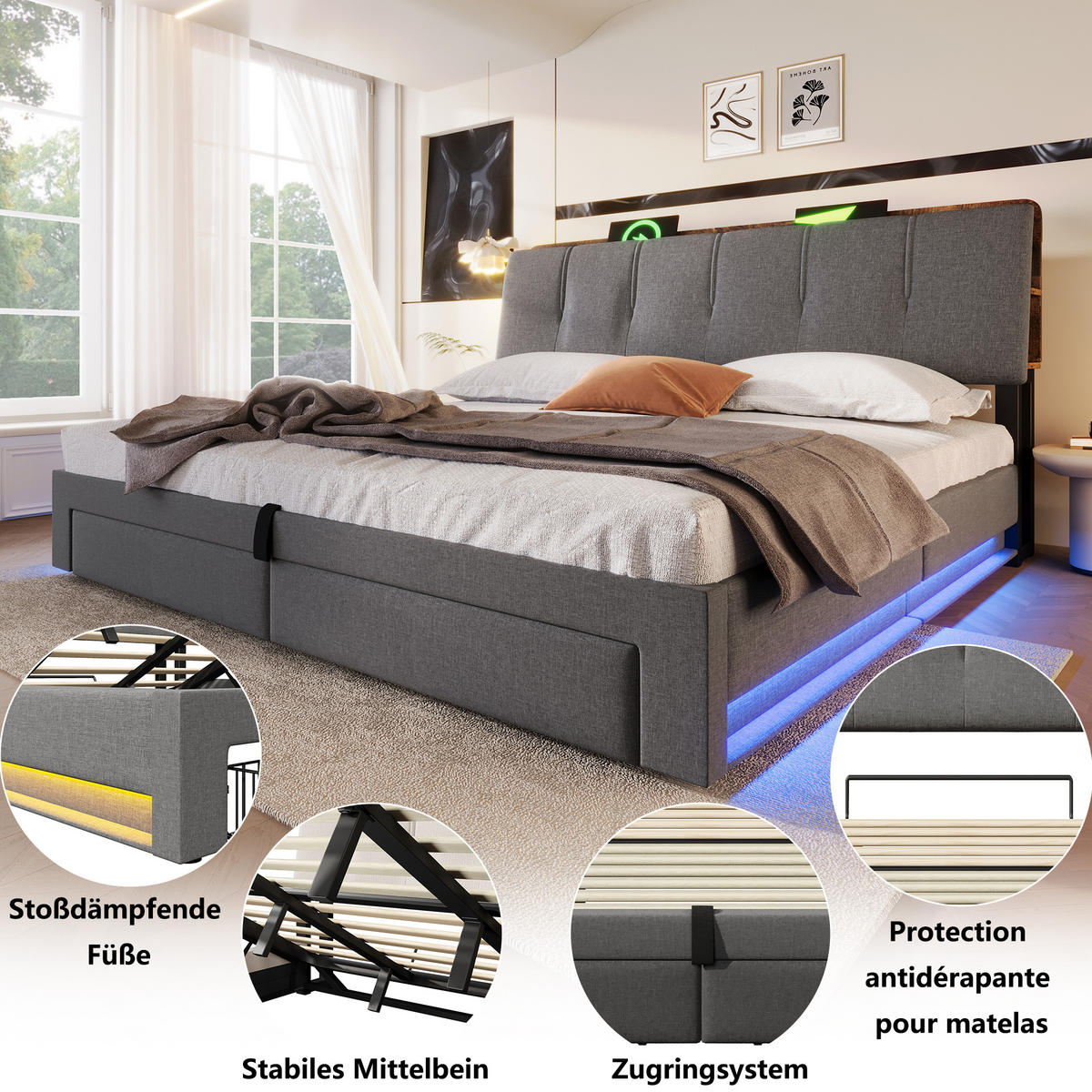 POLSTERBETT 180/200 cm in Grau mit Bettkasten, 2 Schubladen, LED, USB und Type-C Leinen - Grau, Holzwerkstoff/Textil (140/200cm) - STILVORA