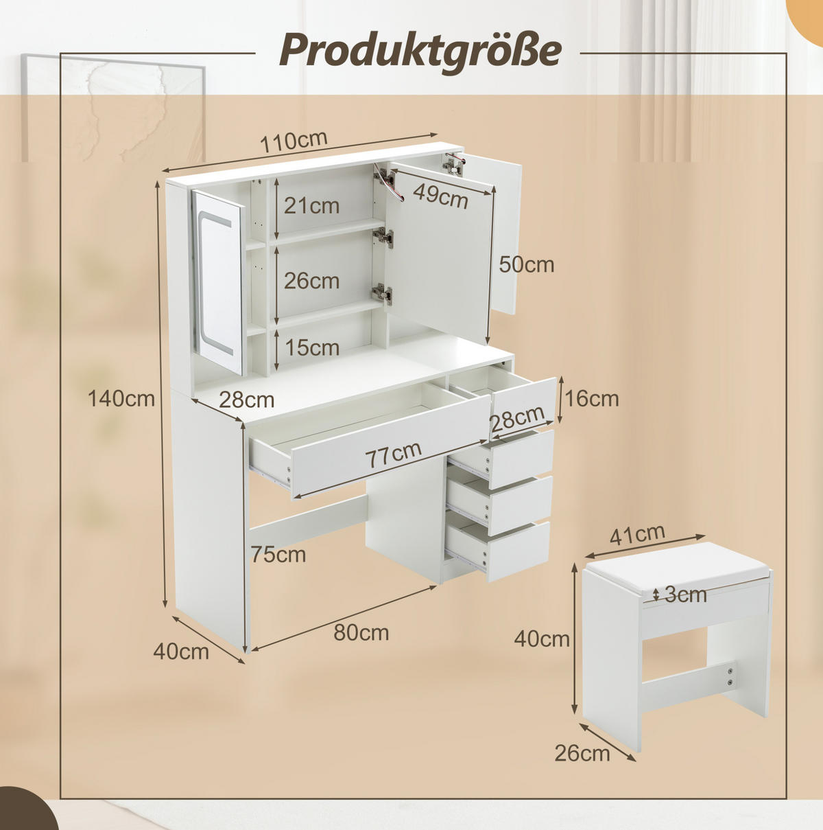 SCHMINKTISCH 100/40.5/136 mit Schiebespiegel, verstecktem Stauraum, LED-Beleuchtung und Hocker, Weiß - Weiß, Holzwerkstoff (100/136/40.5cm) - Redom