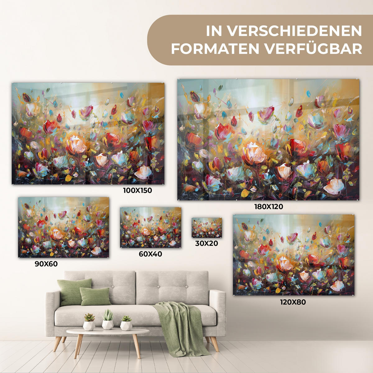 ACRYLGLASBILD Blumen - Kunst - Natur - Ölgemälde 90x60 cm - Multicolor, Glas (90/60cm) - MuchoWow