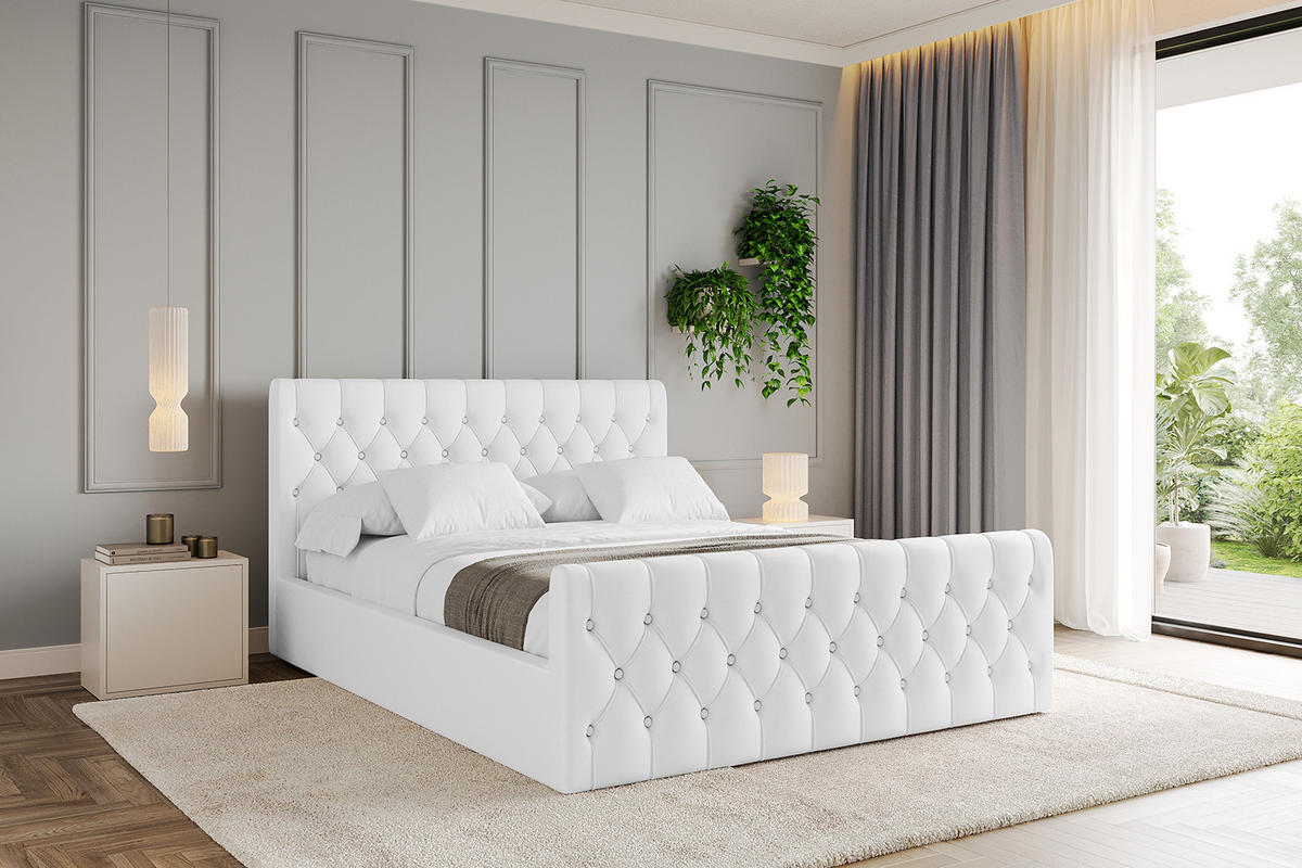 POLSTERBETT mit Bettkasten, Fußteil und Lattenrost, Boxbett mit Matratze H3/H4 - RENO-Z 200x200 Weiß Kunstleder - Weiß Hochglanz, Holzwerkstoff/Textil (200/200cm) - ALTDECOR
