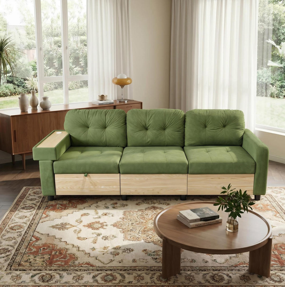 ECKSOFA 228/80/78 cm grün aus Samt mit Stauraum und USB - Grün, Textil (80/228cm) - OKWISH