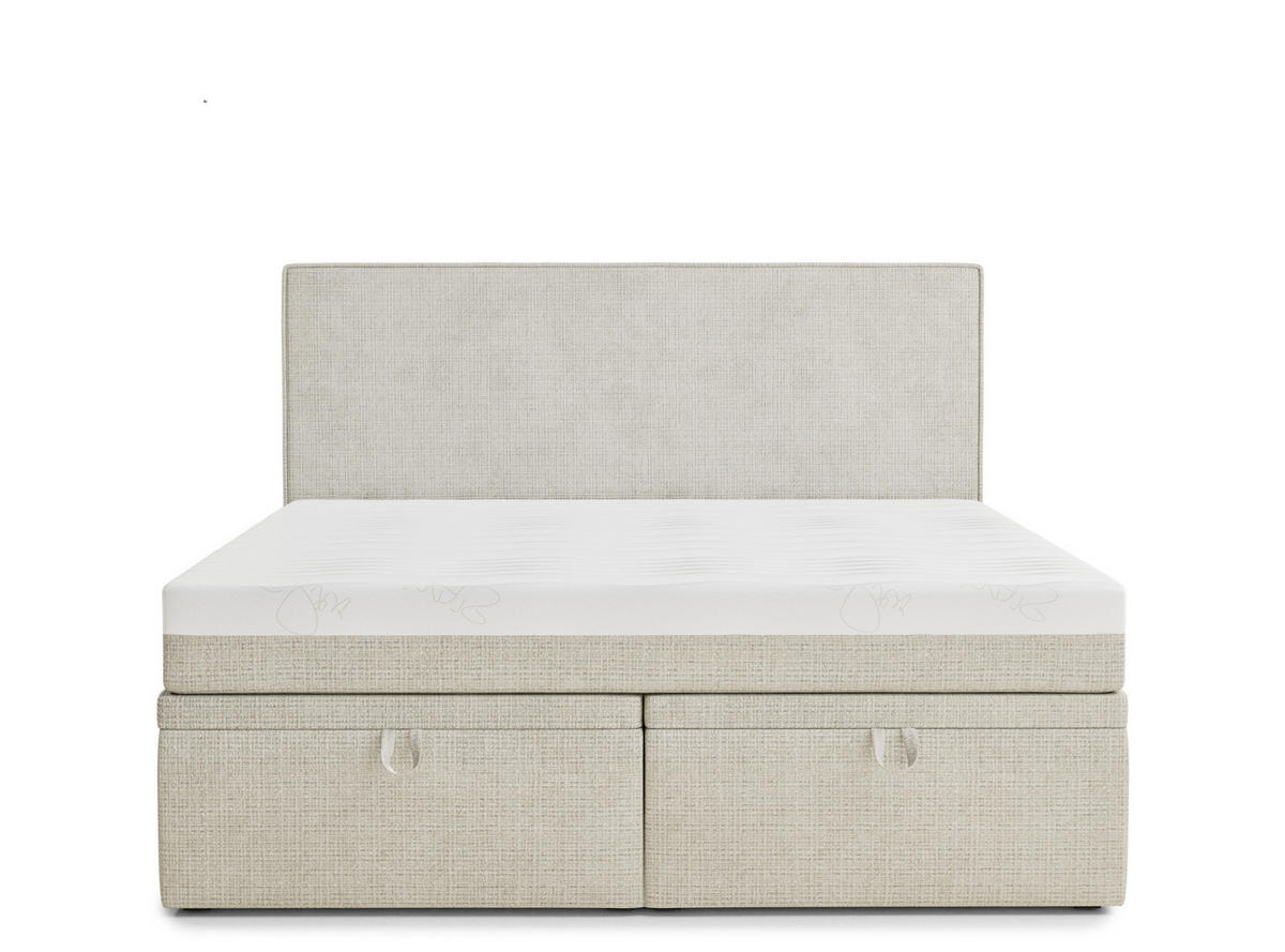 BOXBETT 180/200 cm Tegal, in Beige, Matratze, gepolstertes Kopfteil, Bettkasten, H3 = fest - Beige/Schwarz, Holz/Holzwerkstoff (180/200cm) - Maison de Reve