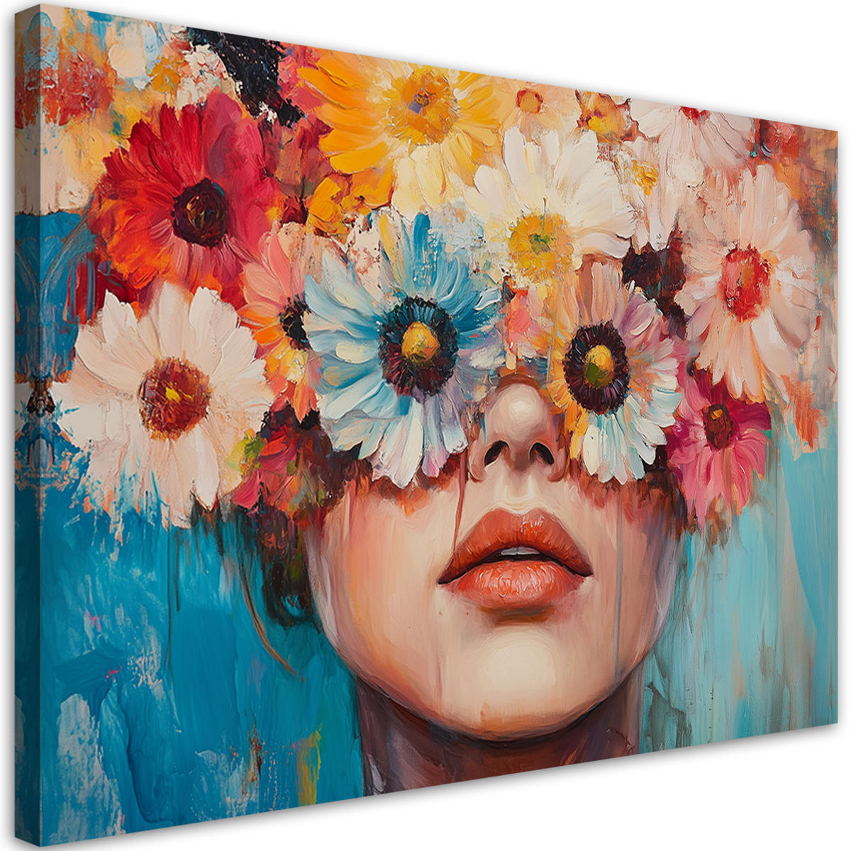 LEINWANDBILD Frau mit bunten Blumen auf dem Kopf - Multicolor, Textil (100/70cm) - Feeby