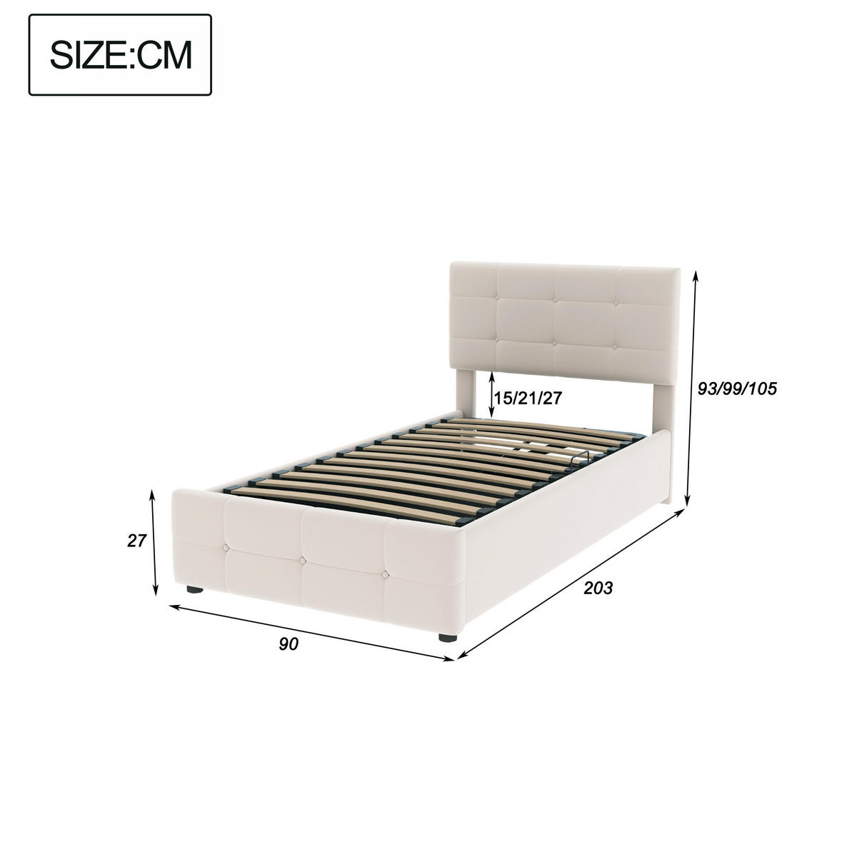 KINDERBETT 90/200 cm mit hydraulischem Stauraum und höhenverstellbarem Kopfteil Beige - Beige, Textil (90/200cm) - OKWISH