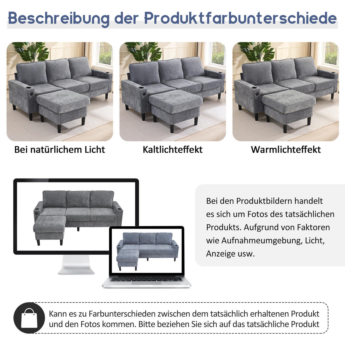 ECKSOFA L-Form Leinen mit USB-Anschluss und Typ-C Getränkehalter 202/137/80 cm Grau - Grau, Textil (137/202cm) - Redom