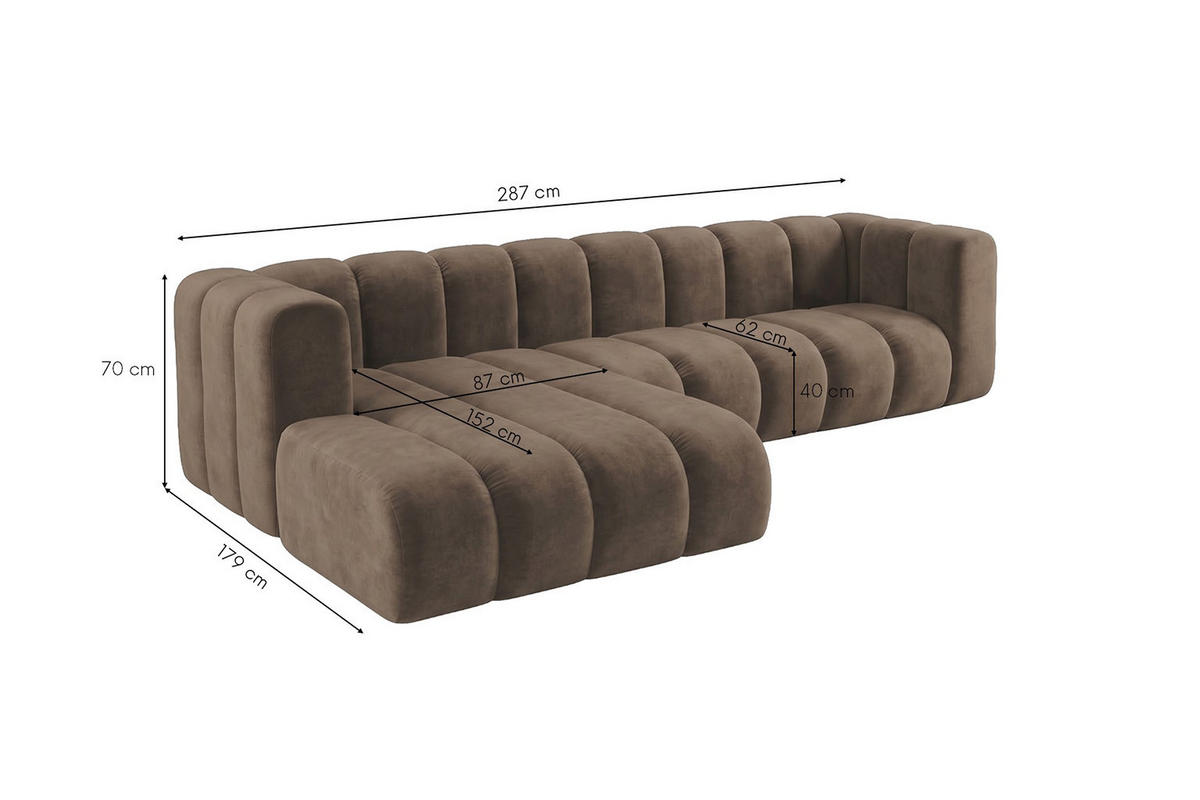 ECKSOFA Modulares In L-Form, Velvet-Stoff Riviera, Braun, Links, GRAND 287 cm - Braun, Holz (287/179cm) - Kaiser Möbel
