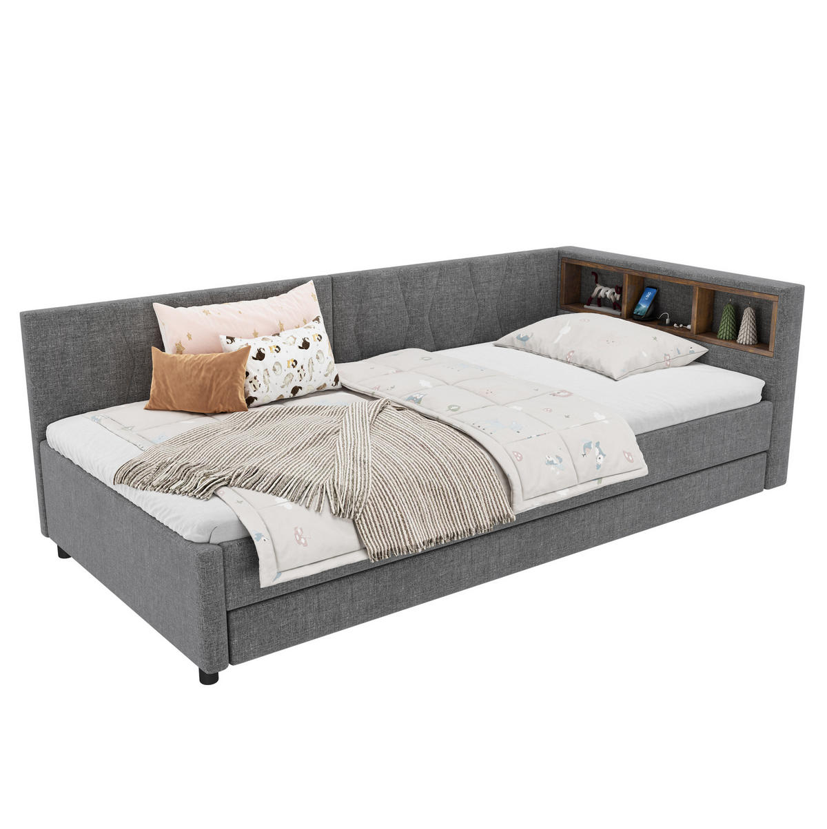 POLSTERBETT 90/200 cm mit LED-Beleuchtung, USB-C und ausziehbarem Gästebett - Grau, Textil (90/200cm) - BEAOK