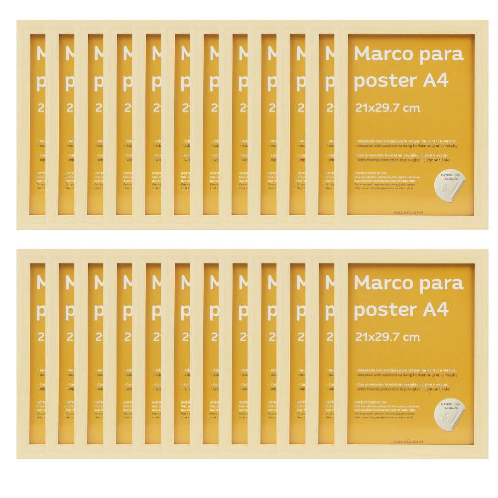 RAHMEN Set mit 24 aus MDF und Acrylglas Schutz und Aussteller für Fotografien, Bilder, Poster, Gemälde, Dekoration für Haus Farbe Hellholz A4 - Beige, Holz (21/3/29.7cm) - Nacnic