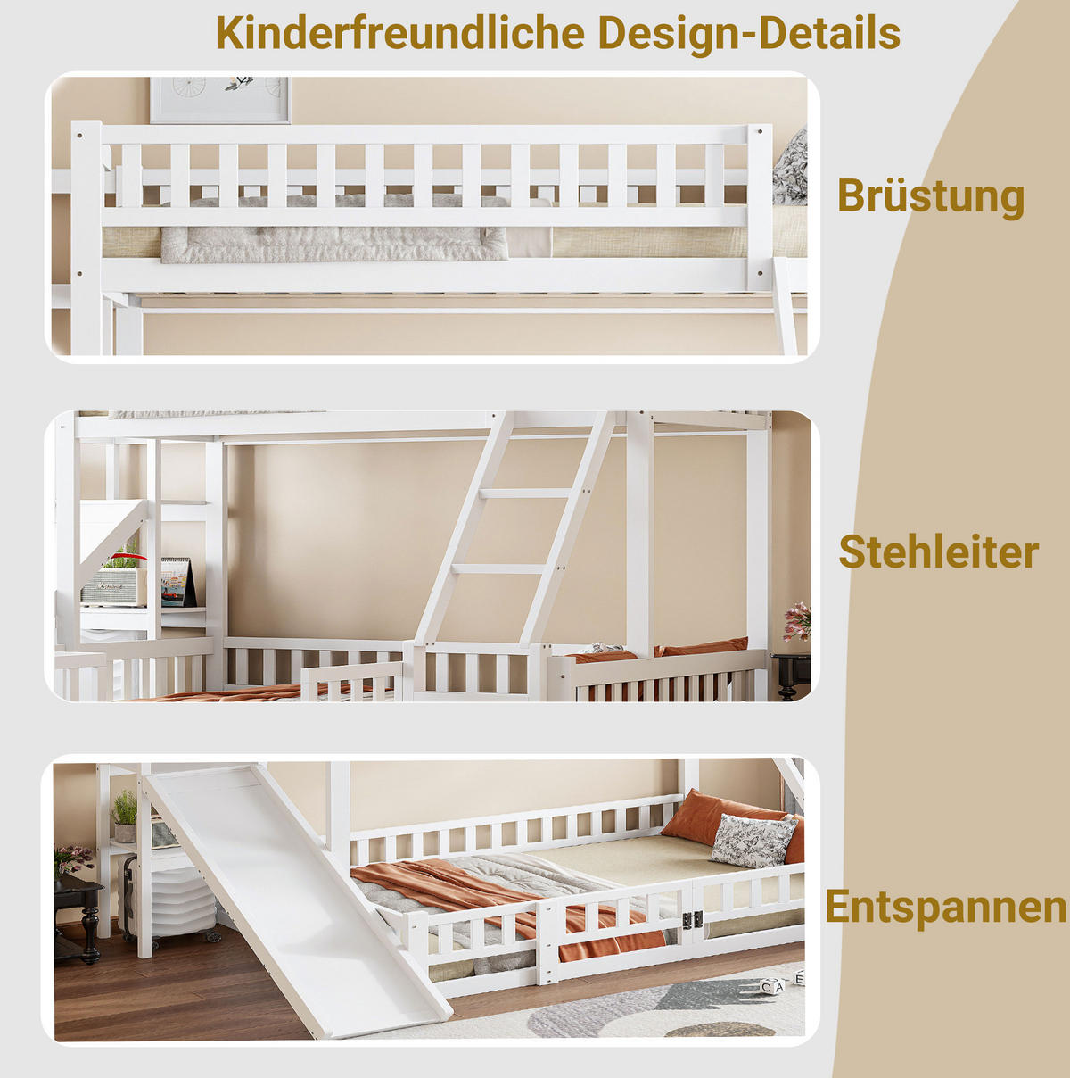 ETAGENBETT 90/140x200 cm aus Kiefernholz und MDF mit Rutsche und Regalen Weiß - Weiß, Holz (140/200cm) - Modenvie