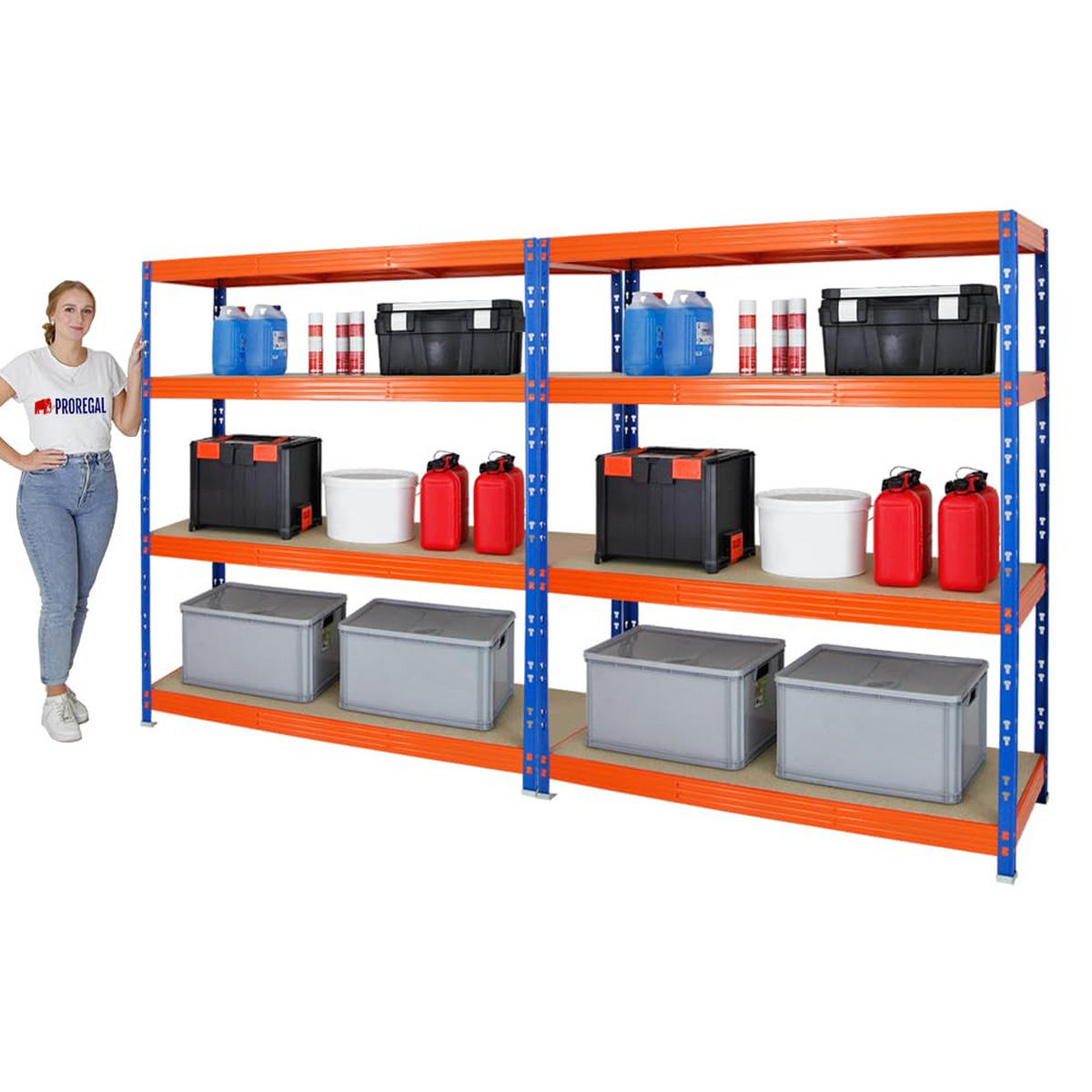 SCHWERLASTREGAL Rhino 2er-Set mit 2x 180x160x60 cm 4 Spanplatten-Ebenen 8mm Fachlast 500 kg Blau-Orange - Orange, Metall (320/180/60cm) - PROREGAL