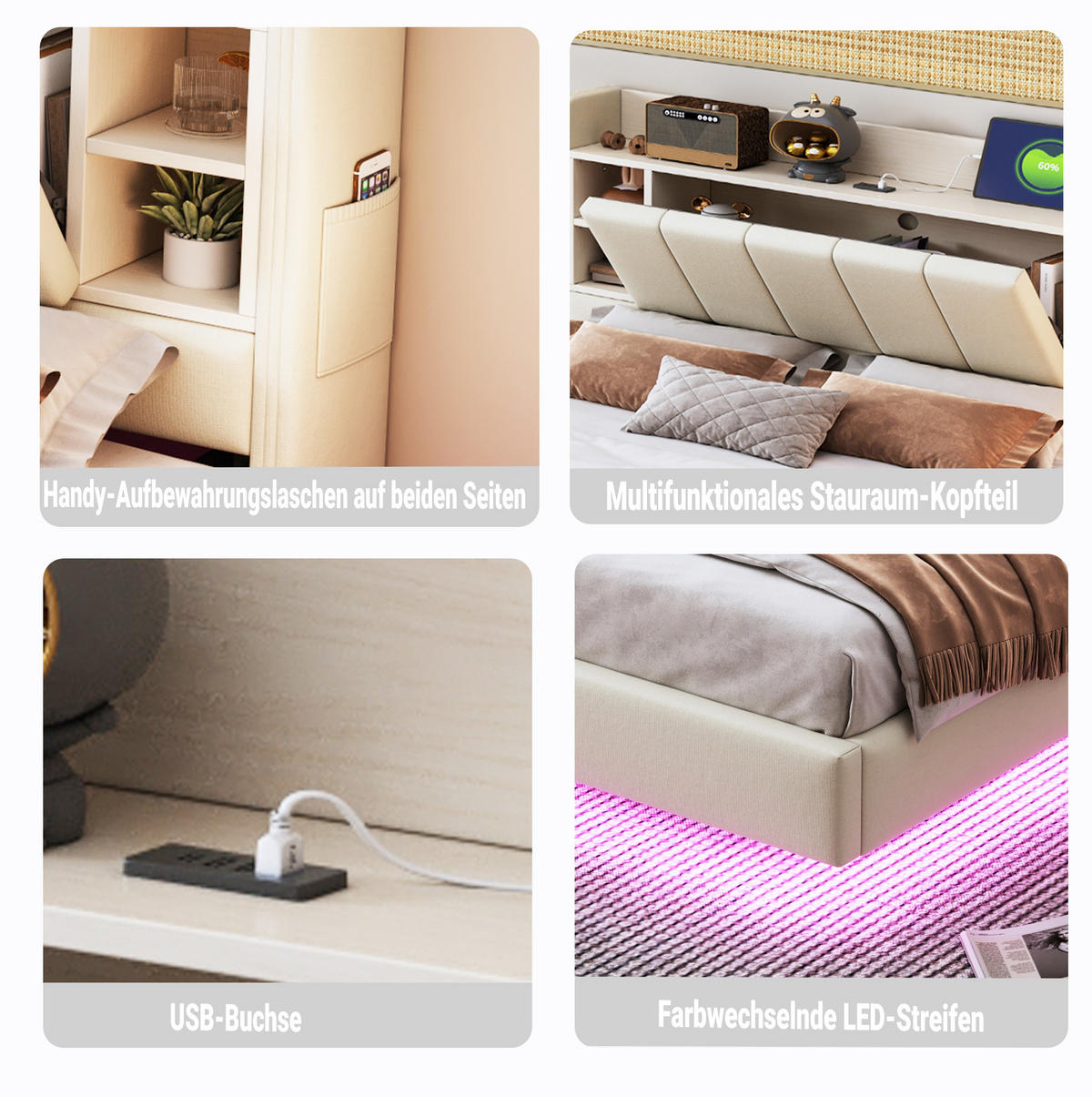 POLSTERBETT mit Stauraum und LED/USB 160x200 cm Beige - Beige, Metall (160/200cm) - Meubliv