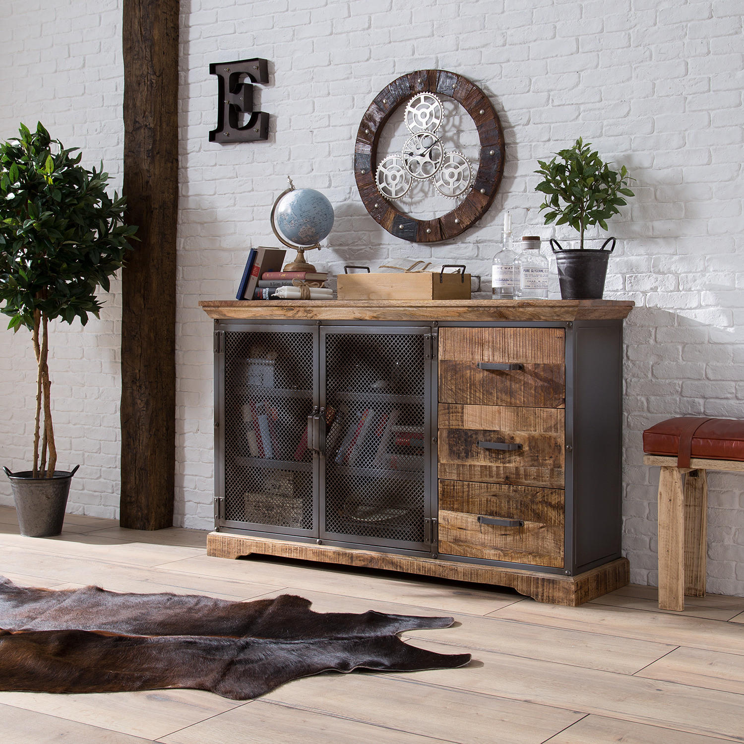 SIDEBOARD - Mango massiv / Metall - Naturfarben, Holz (146/88/42cm) - home24