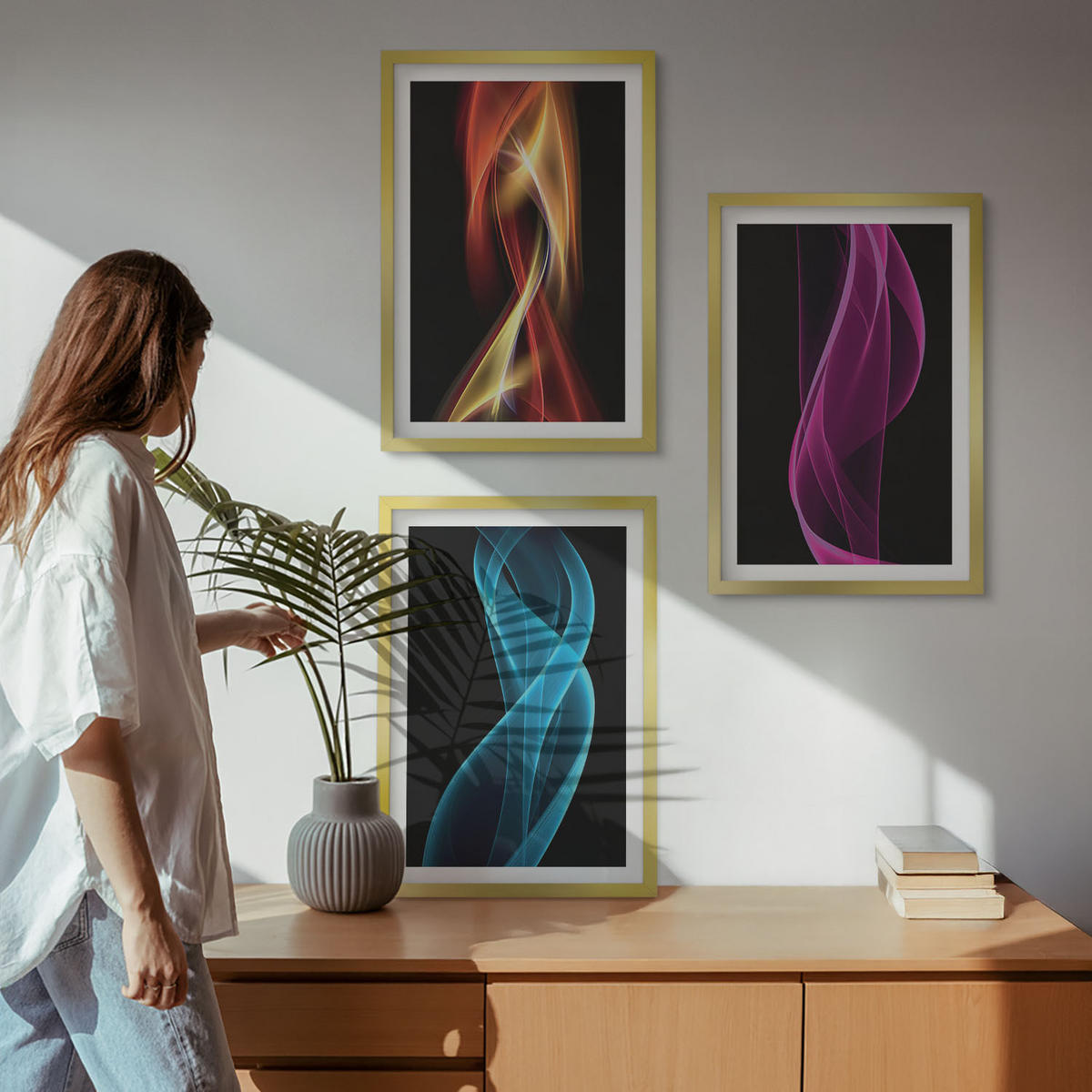BILDER SET 3er Set - 40x60 cm Goldrahmen - Neonwellenlinien auf dunklem Hintergrund - Goldfarben, Kunststoff (40/60cm) - TULUP