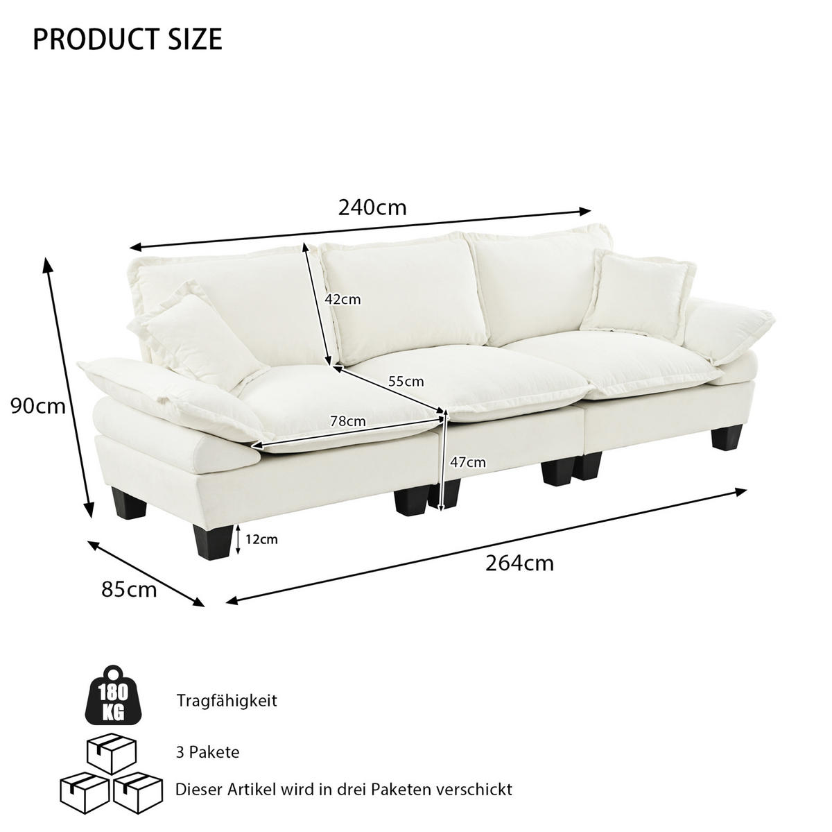 SOFA Modulsofa ca. 263 x 82 x 90 cm Chenille Beige - Beige, Holzwerkstoff (82/90/263cm) - Meubliv