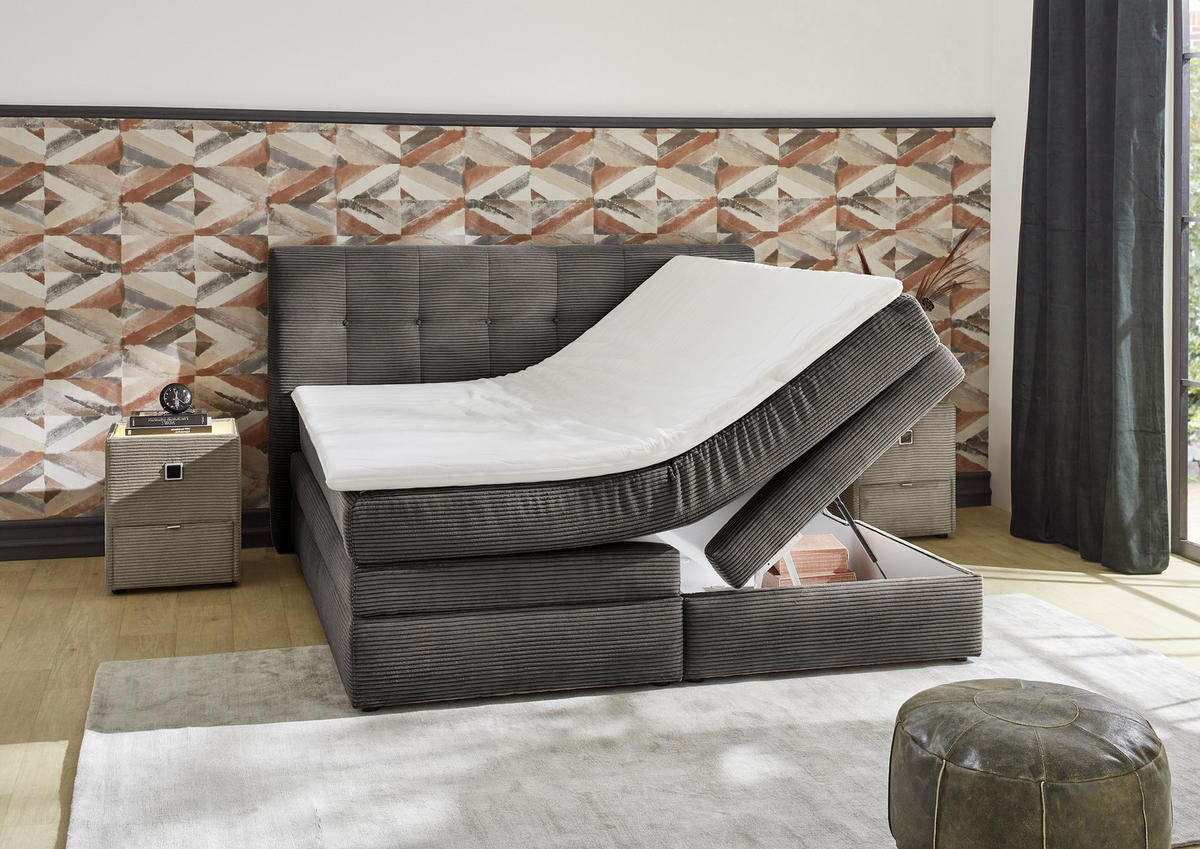 BOXSPRINGBETT 180x200 cm, 7-Zonen-Tonnentaschen-Federkernmatratzen H3, Topper, Bonell-Federkern, 2 Bettkästen, Cord Grau Anthrazit / 20038 - Anthrazit/Schwarz, Kunststoff/Textil (180/200cm) - luma-home