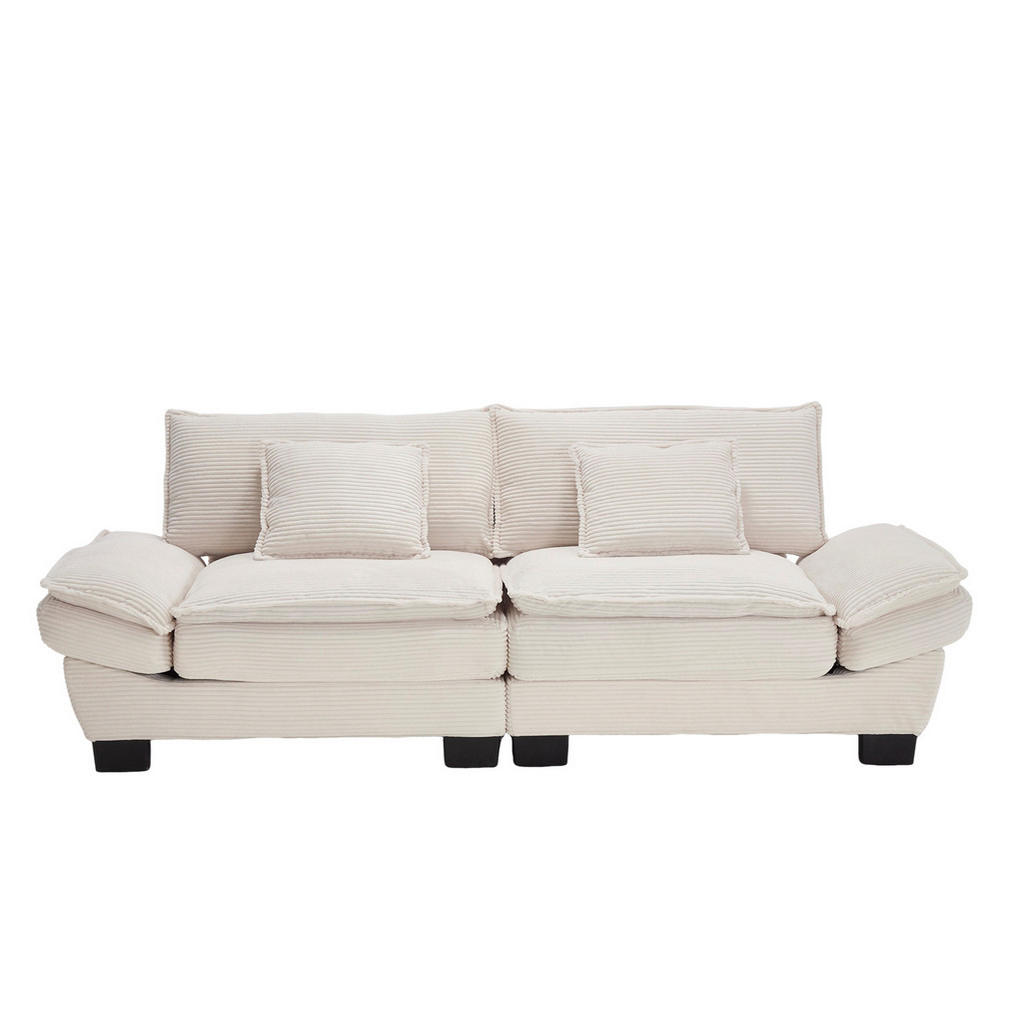 Modfu DVOUMÍSTNÁ pohovka ze sametu 224x81x81 cm béžová s hlubokým sedem, polstrovanými područkami a 2 polštáři