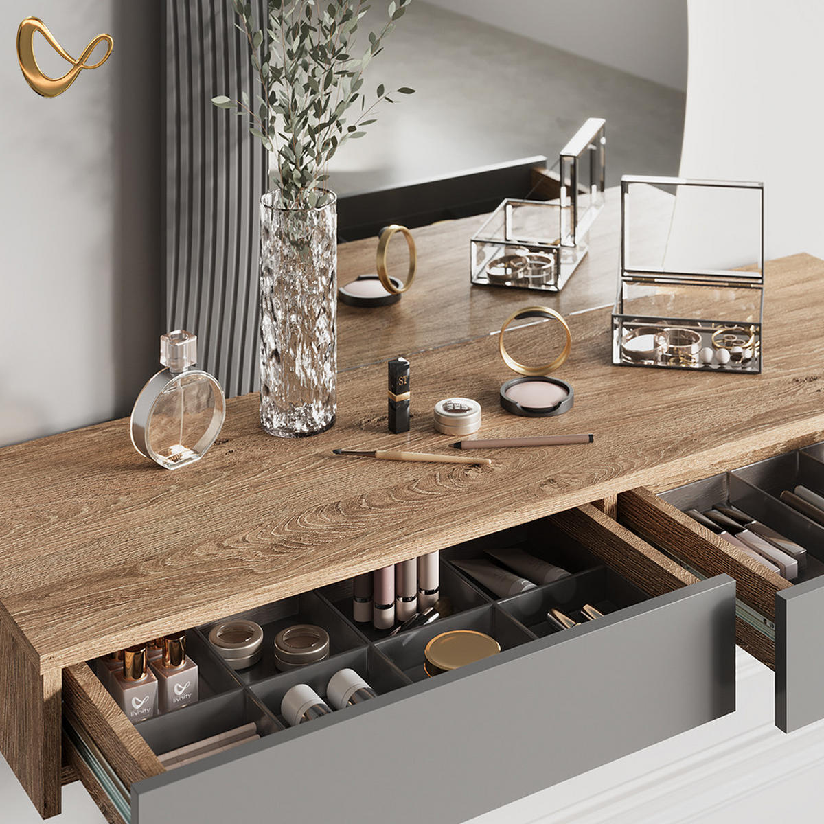 SCHMINKTISCH Ascona Grau mit Beleuchtung und Hocker - Eichefarben/Grau, Holzwerkstoff (120/161.1/40cm) - Livinity®