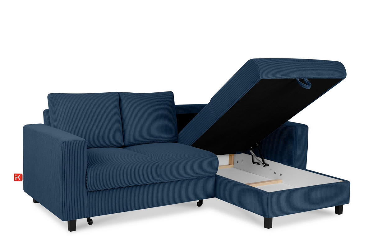 ECKSCHLAFSOFA EGRET Rechts mit Bettkasten, Cord-Stoff, marineblau - Blau/Grün, Textil (234/90cm) - KONSIMO®