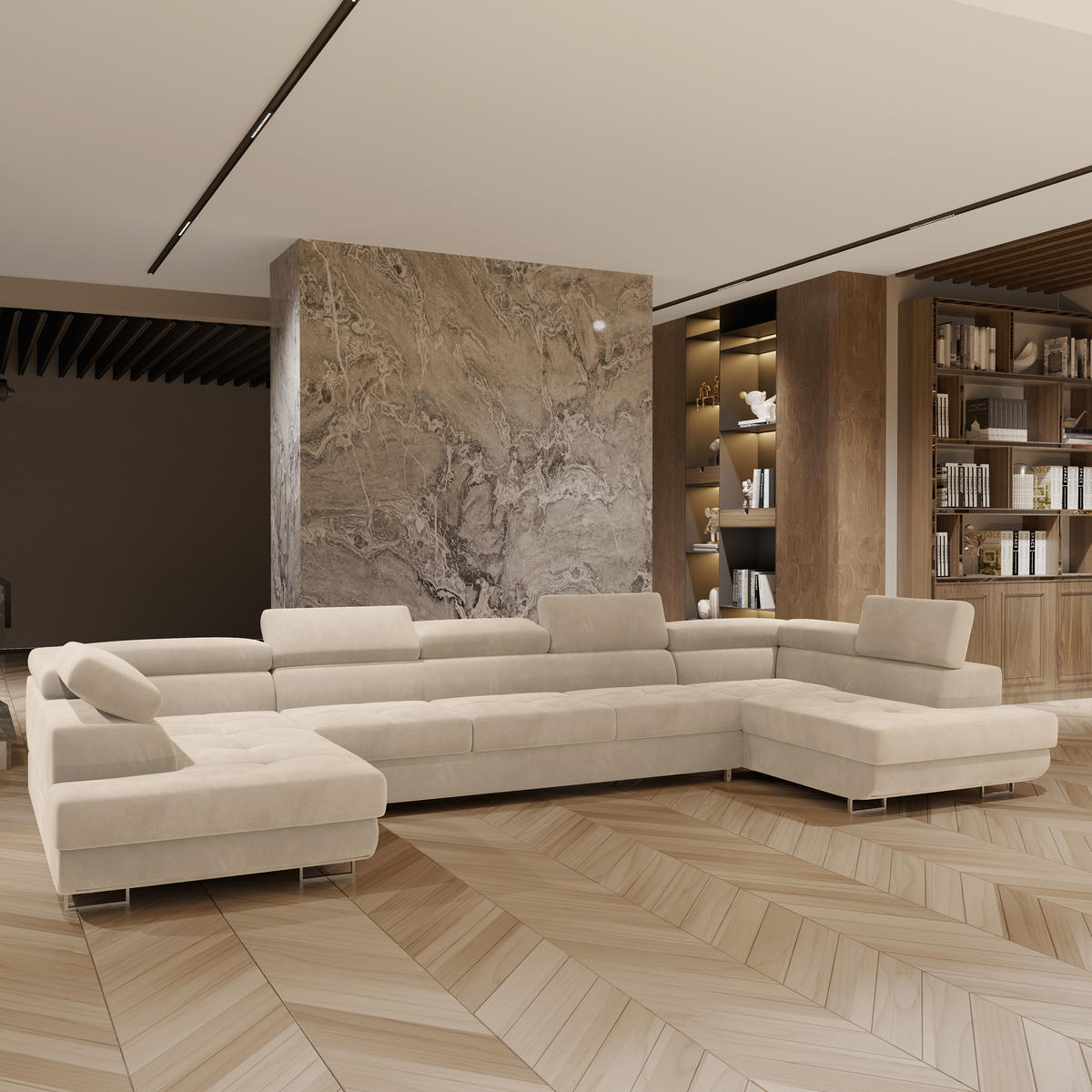 WOHNLANDSCHAFT ISOLANO Creme Velours-Stoff mit Schlaffunktion - Creme, Holz (408/90/202cm) - MASSENO