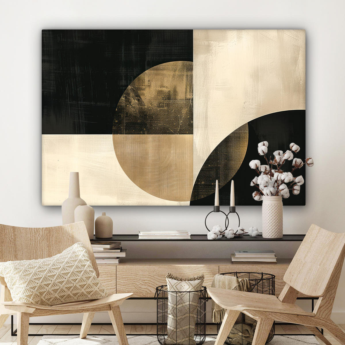 LEINWANDBILD Abstrakt - Geometrische Formen - Schwarz - Gold XXL 150x100 cm - Ecru, Textil (150/100cm) - MuchoWow