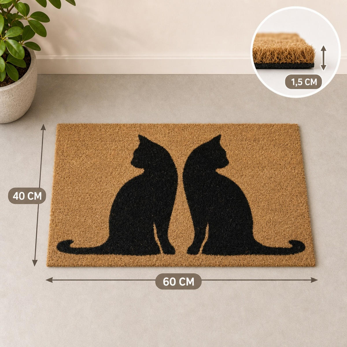 FUSSMATTE Natur Schwarz Katzenmotiv 60x40 cm - Multicolor, Kunststoff/Textil (60/40cm) - Relaxdays
