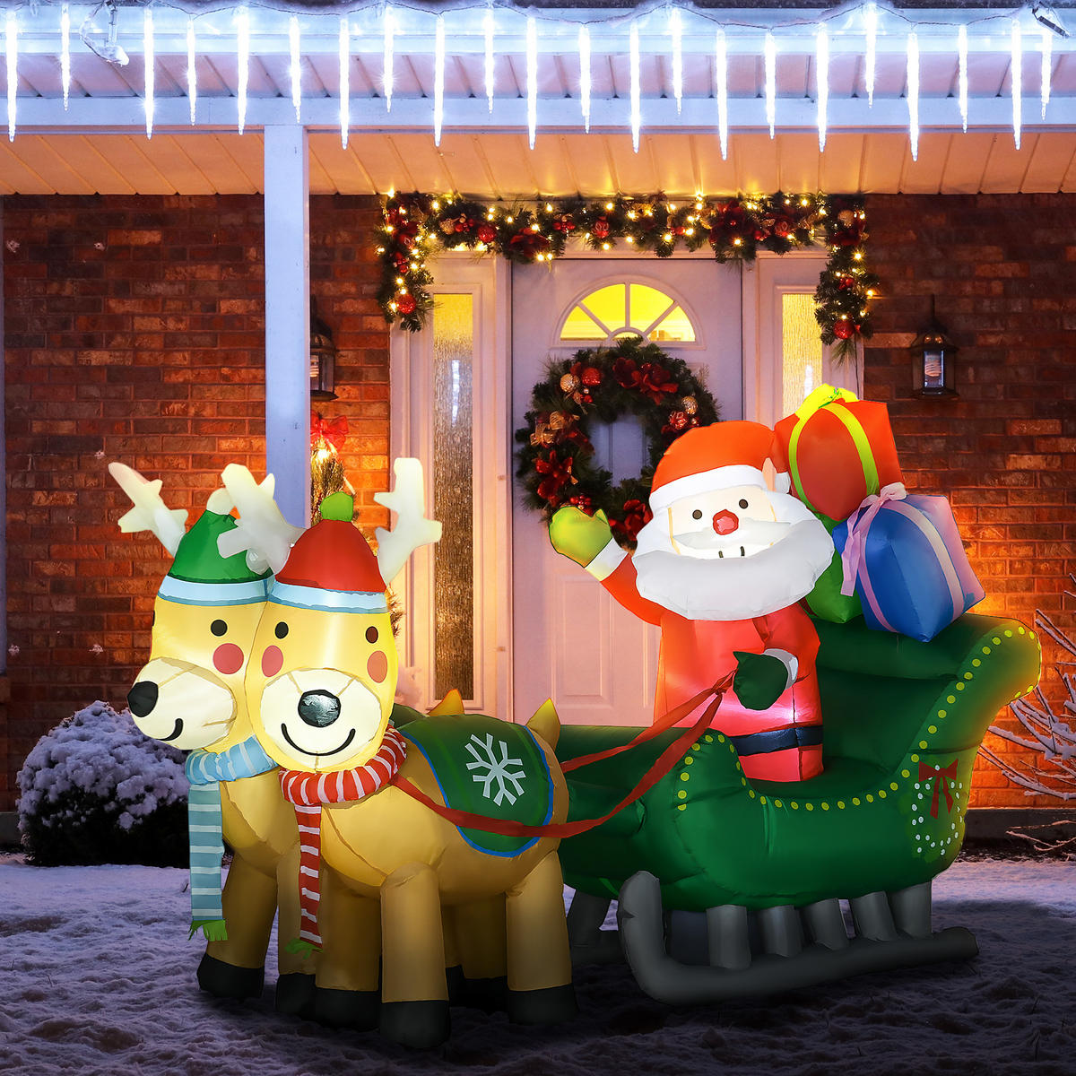 AUFBLASBARER Weihnachtsmann mit Rentieren, LED-Licht, 210cm Weihnachtsdeko - Multicolor, Kunststoff (70/125/210cm) - HOMCOM