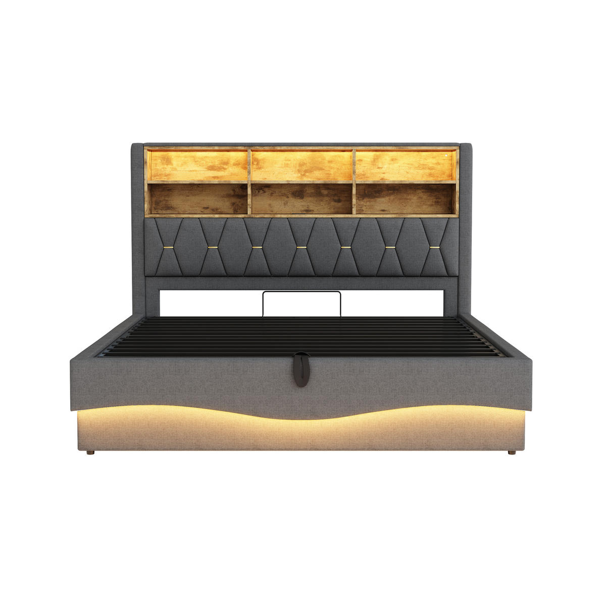 POLSTERBETT 180/200 cm grau mit hydraulischem Stauraum und LED-Beleuchtung - Grau, Metall (180/200cm) - OKWISH