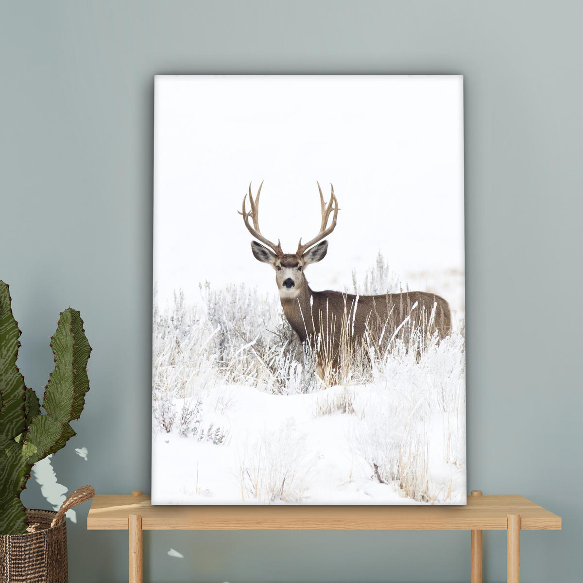 LEINWANDBILD Hirsche - Winter - Schnee - Tiere - Jahreszeiten - Weiß 60x80 cm - Hellbraun, Textil (60/80cm) - MuchoWow