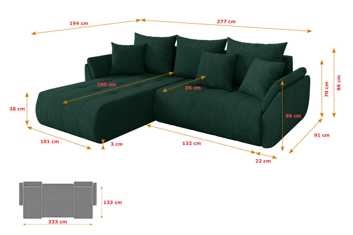 ROHOVÁ SEDAČKA s funkcí spaní, otoman vlevo TOKO-L 277x194x86 zelená velur - černá/zelená barva, kompozitní dřevo/textil (277/194cm) - ALTDECOR