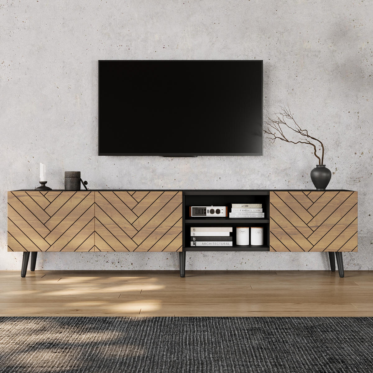LOWBOARD in Holzfarbe TV-Ständer mit geräuschlosen Scharnieren für Wohnzimmer, B180/T33,5/H45 cm - Schwarz/Naturfarben, Holzwerkstoff/Metall (180/45/33.5cm) - STILVORA