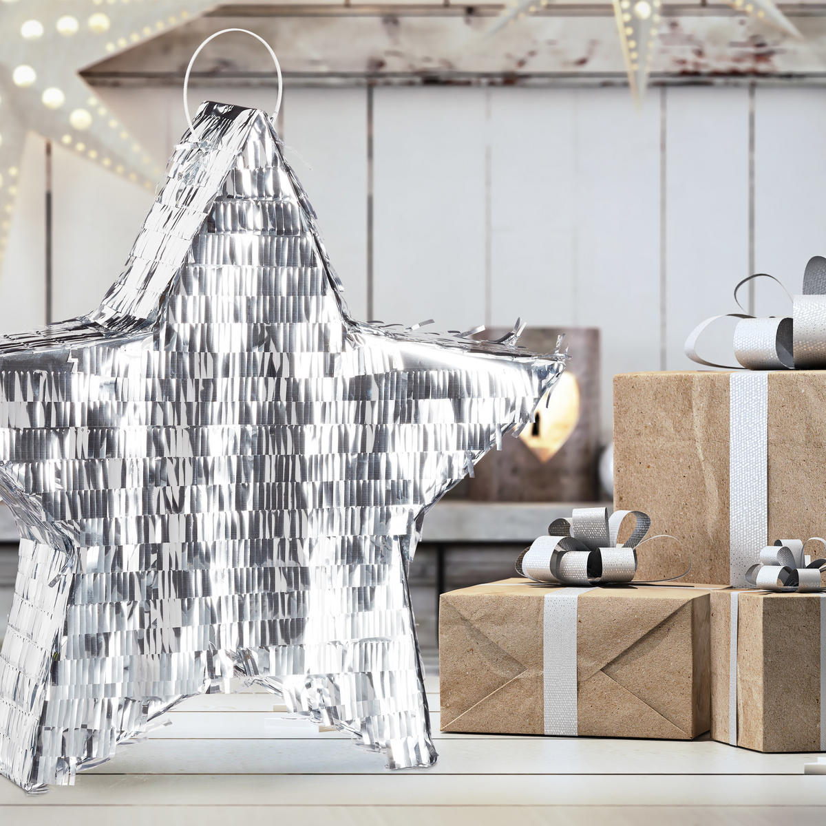PINATA Stern - Silberfarben, Papier/Wellpappe (45/43/9cm) - Relaxdays