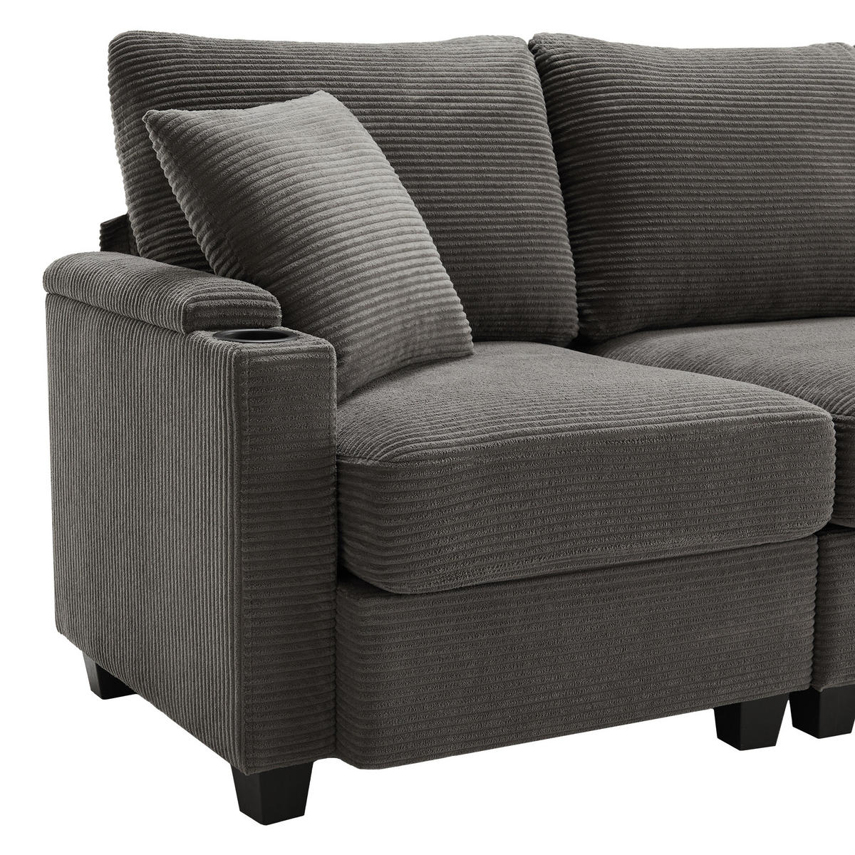 4-SITZER ECKSOFA Cord Dunkelgrau mit Hocker, USB und mit Kissen - Dunkelgrau, Holzwerkstoff/Kunststoff (213.5/139cm) - WISHDOR