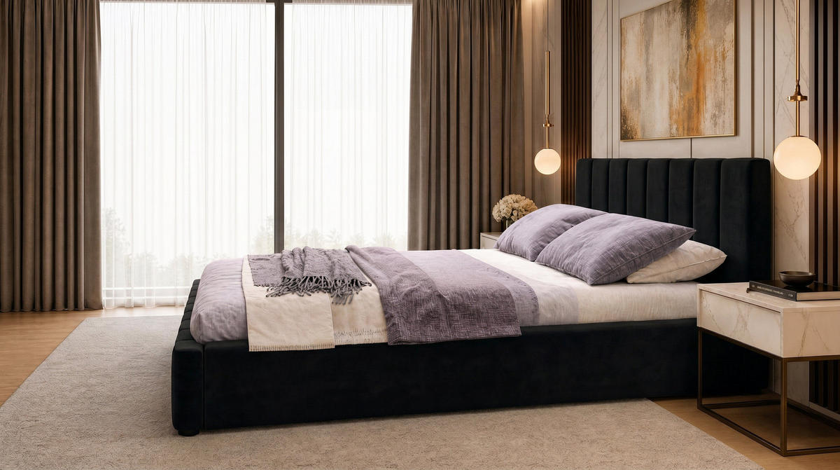 MARPUR Polsterbett NERO 180x200 cm mit Bettkasten und Lattenrost, Schwarz - Chromfarben/Schwarz, Holz/Holzwerkstoff (180/200cm) - Marpur
