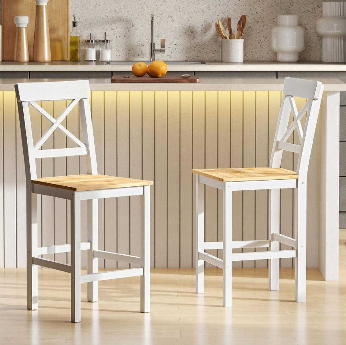 BARHOCKER 2er-Set aus massivem Kiefernholz mit Lehne und Fußstütze 41/46/97,5 cm - Naturfarben, Holz (41/97.5/46cm) - MIVRAY