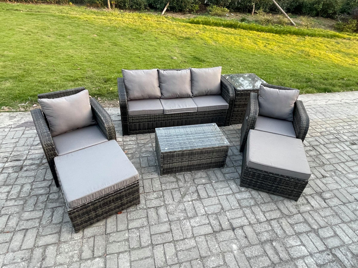 GARTENMÖBELSET mit Couchtisch Polyrattan 7-Sitzer - Dunkelgrau/Grau, Glas/Kunststoff - Fimous