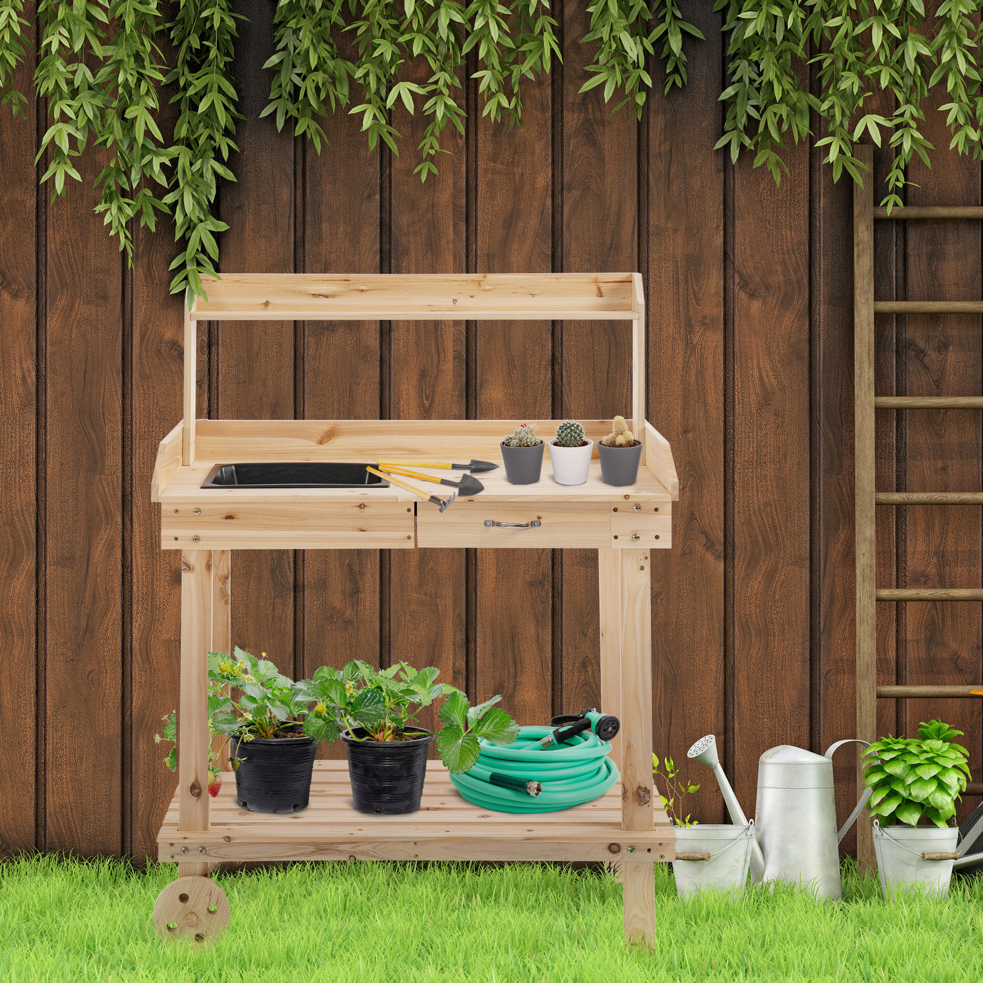 PFLANZTISCH mit Schublade, Gärtnertisch mit Waschbecken und Rollen, Tannenholz, Natur - Fichtefarben, Holz (92/45/119cm) - Outsunny