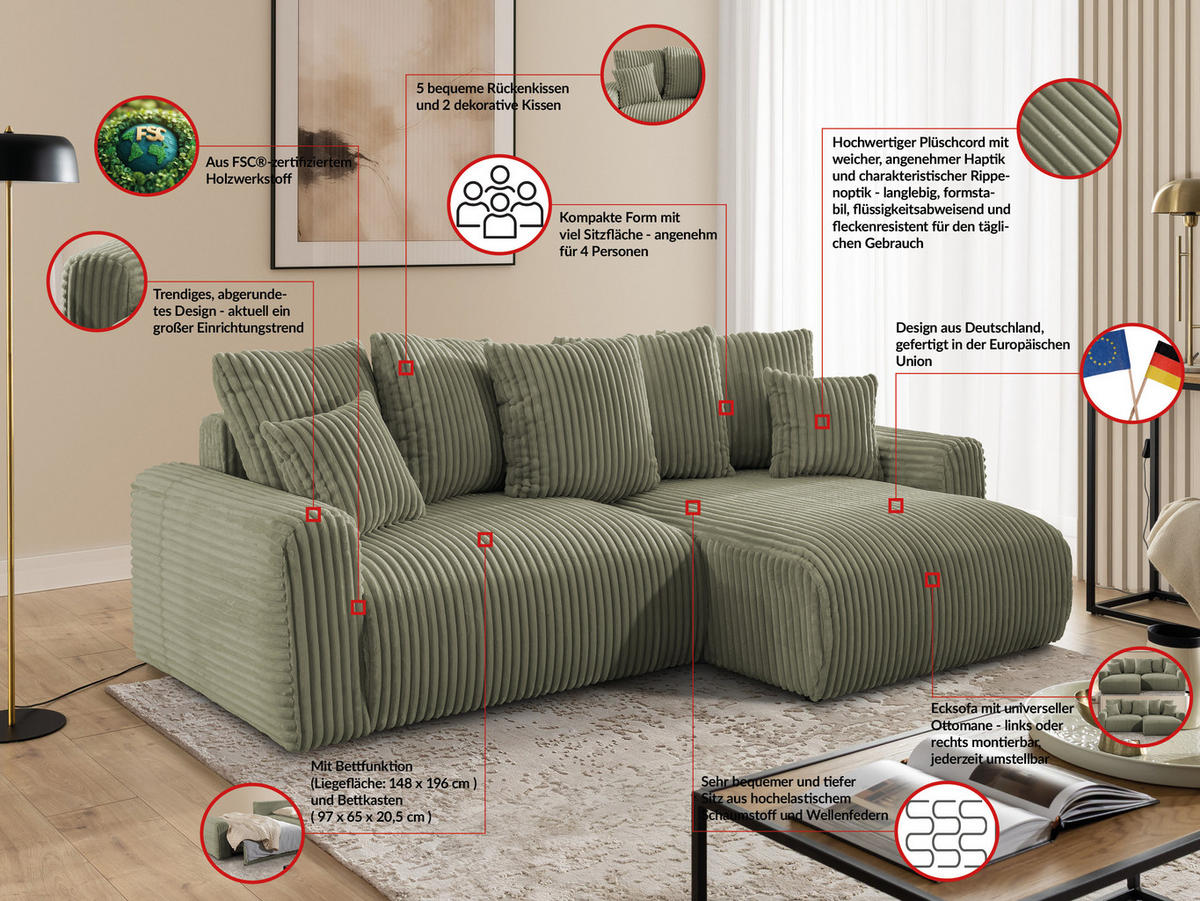 ECKSOFA Calma mit Schlaffunktion und Bettkasten im Bumpy-Design aus weichem Olive Plüschcord - Ottomane rechts - Schwarz/Grün, Holz/Kunststoff (140/239cm) - S-Style