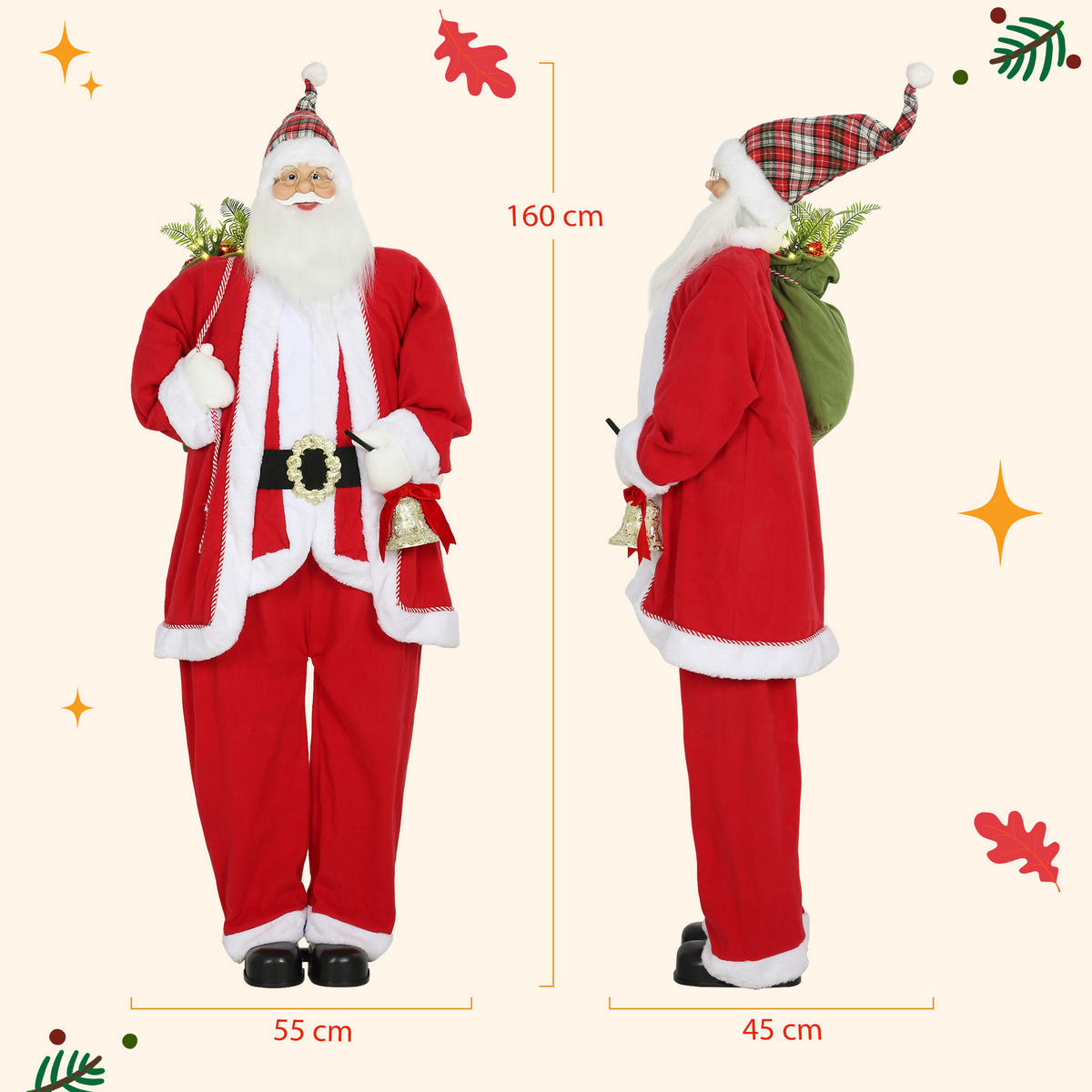 WEIHNACHTSMANN 1,6 m stehende Weihnachtsmann mit Geschenk- und Weihnachtsglock - Rot, Textil (45/160/55cm) - HOMCOM