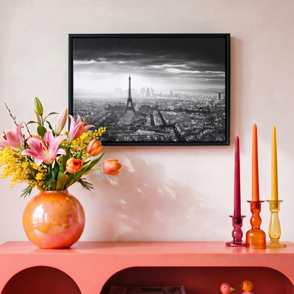 LEINWAND Bilder mit Rahmen - Paris - Skyline - Eiffelturm - Stadt - Wolken - 30x20 - Dunkelgrau, Textil (30/20cm) - MuchoWow